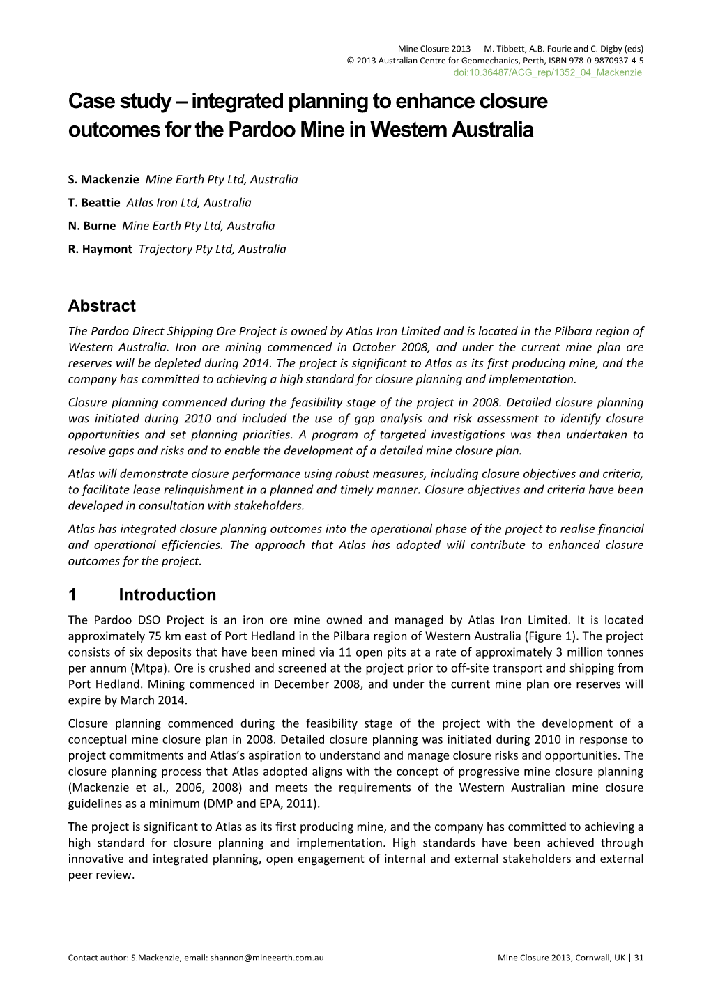 Integrated Planning to Enhance Closure Outcomes for the Pardoo Mine in Western Australia