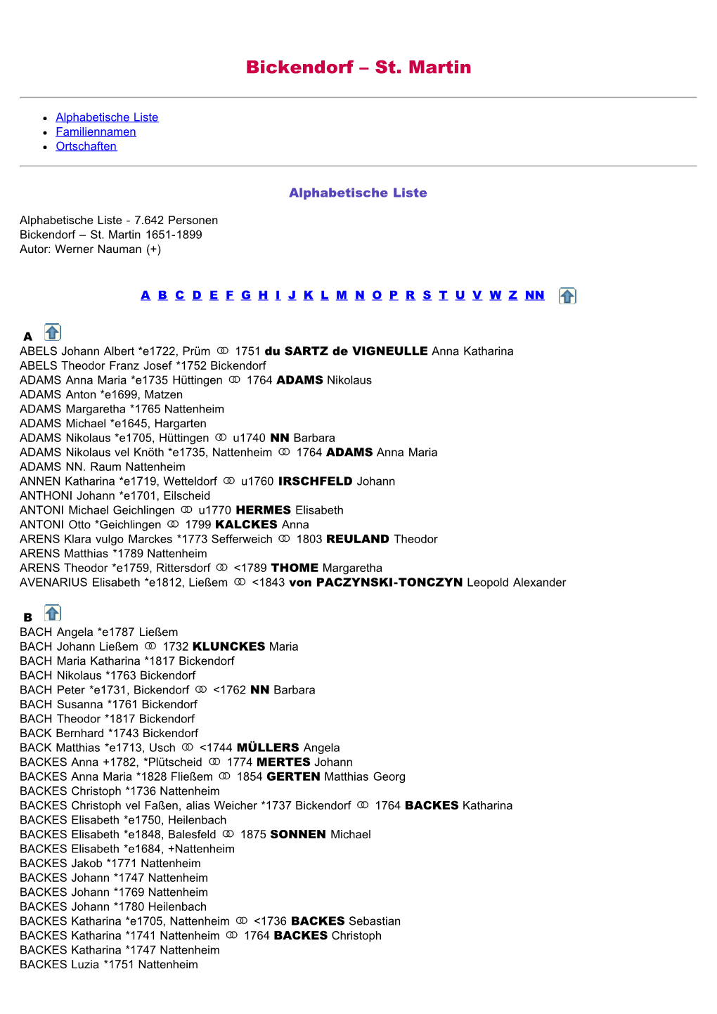 ABC-Liste Zum Familienbuch Bickendorf