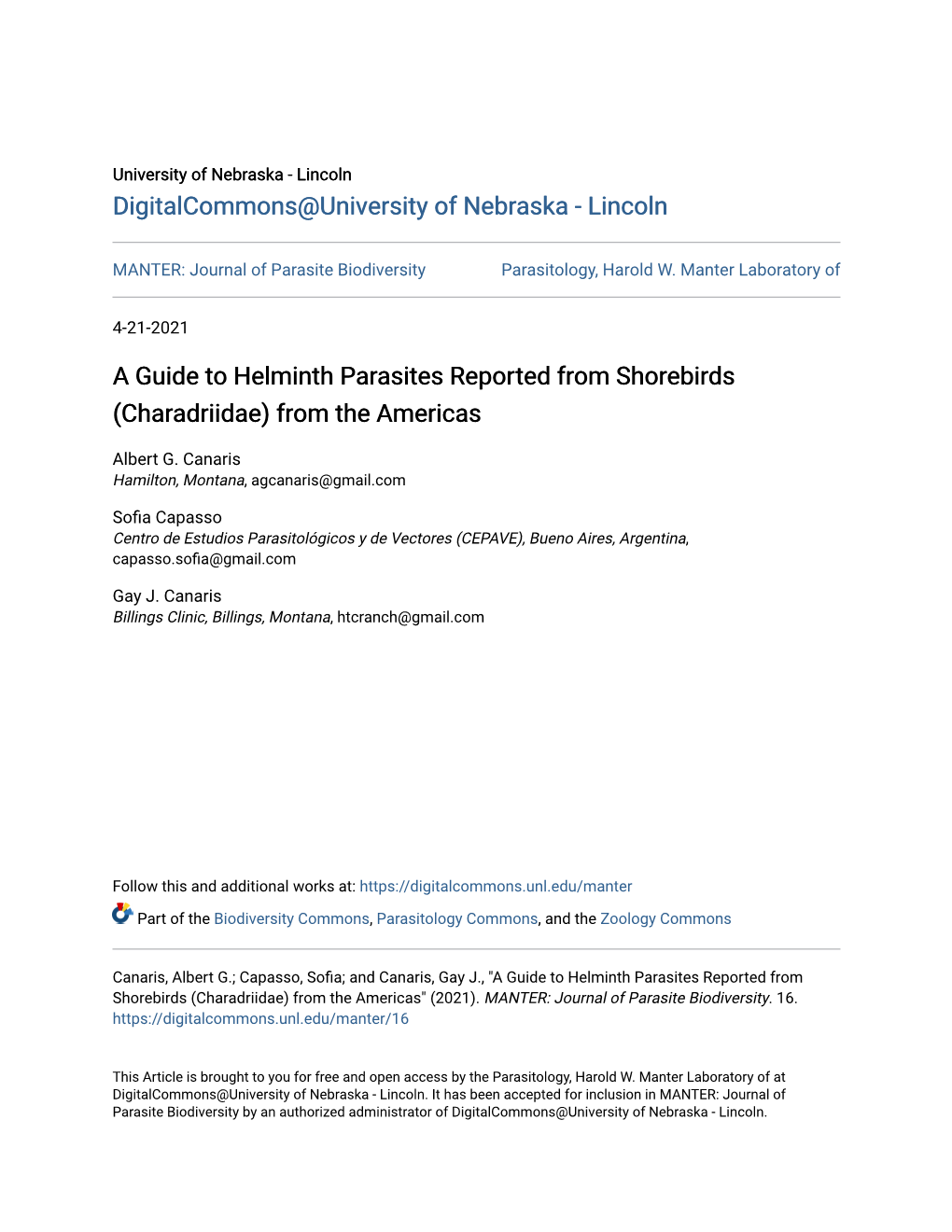 A Guide to Helminth Parasites Reported from Shorebirds (Charadriidae) from the Americas