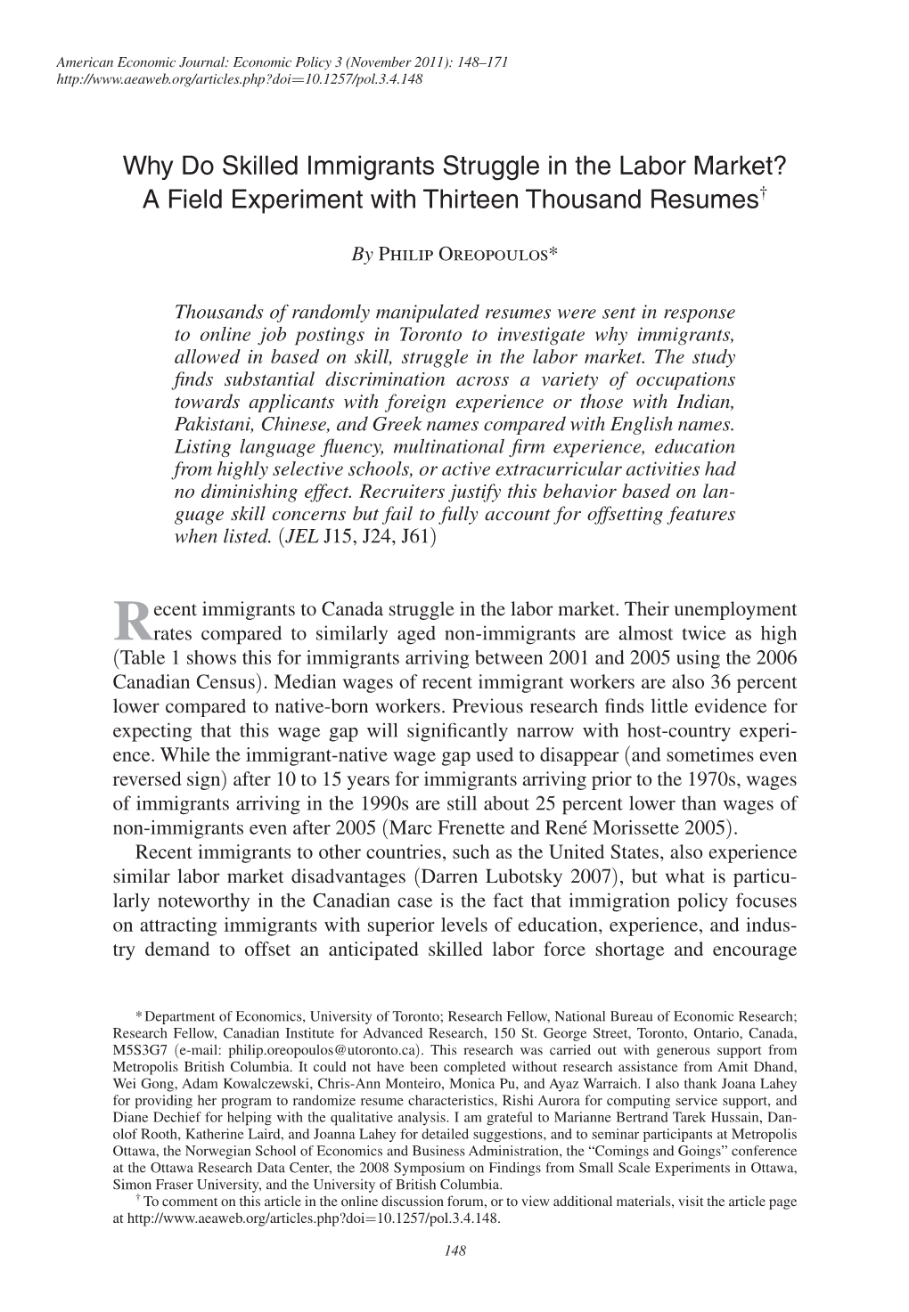 Why Do Skilled Immigrants Struggle in the Labor Market? a Field