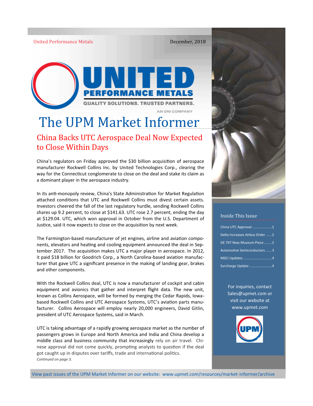 The UPM Market Informer China Backs UTC Aerospace Deal Now Expected to Close Within Days