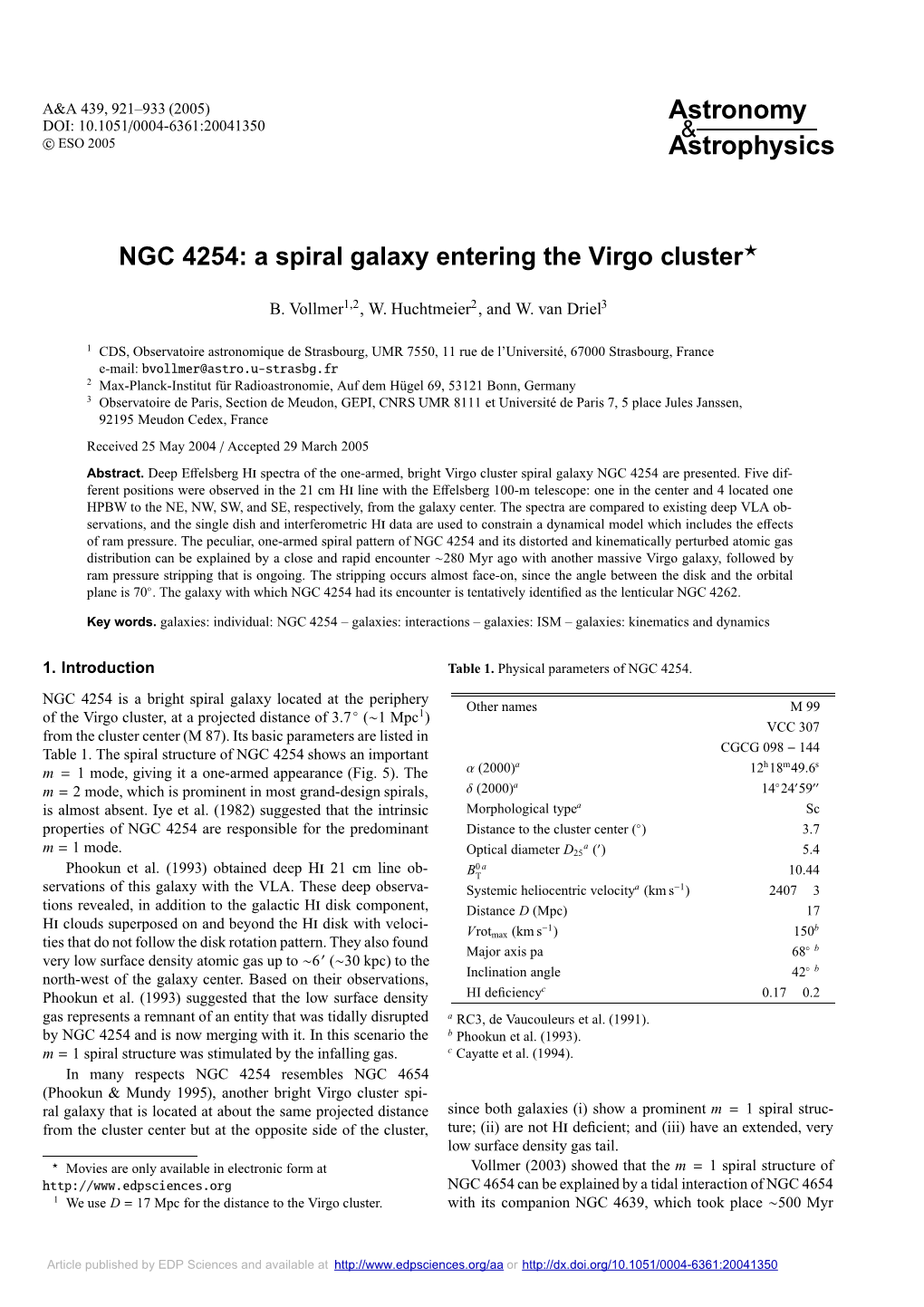 NGC 4254: a Spiral Galaxy Entering the Virgo Cluster