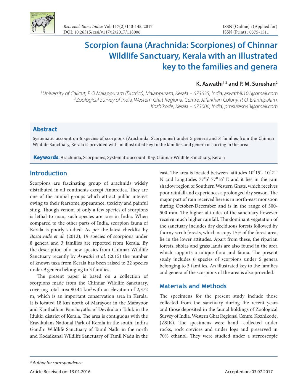 Scorpion Fauna (Arachnida: Scorpiones) of Chinnar Wildlife Sanctuary, Kerala with an Illustrated Key to the Families and Genera