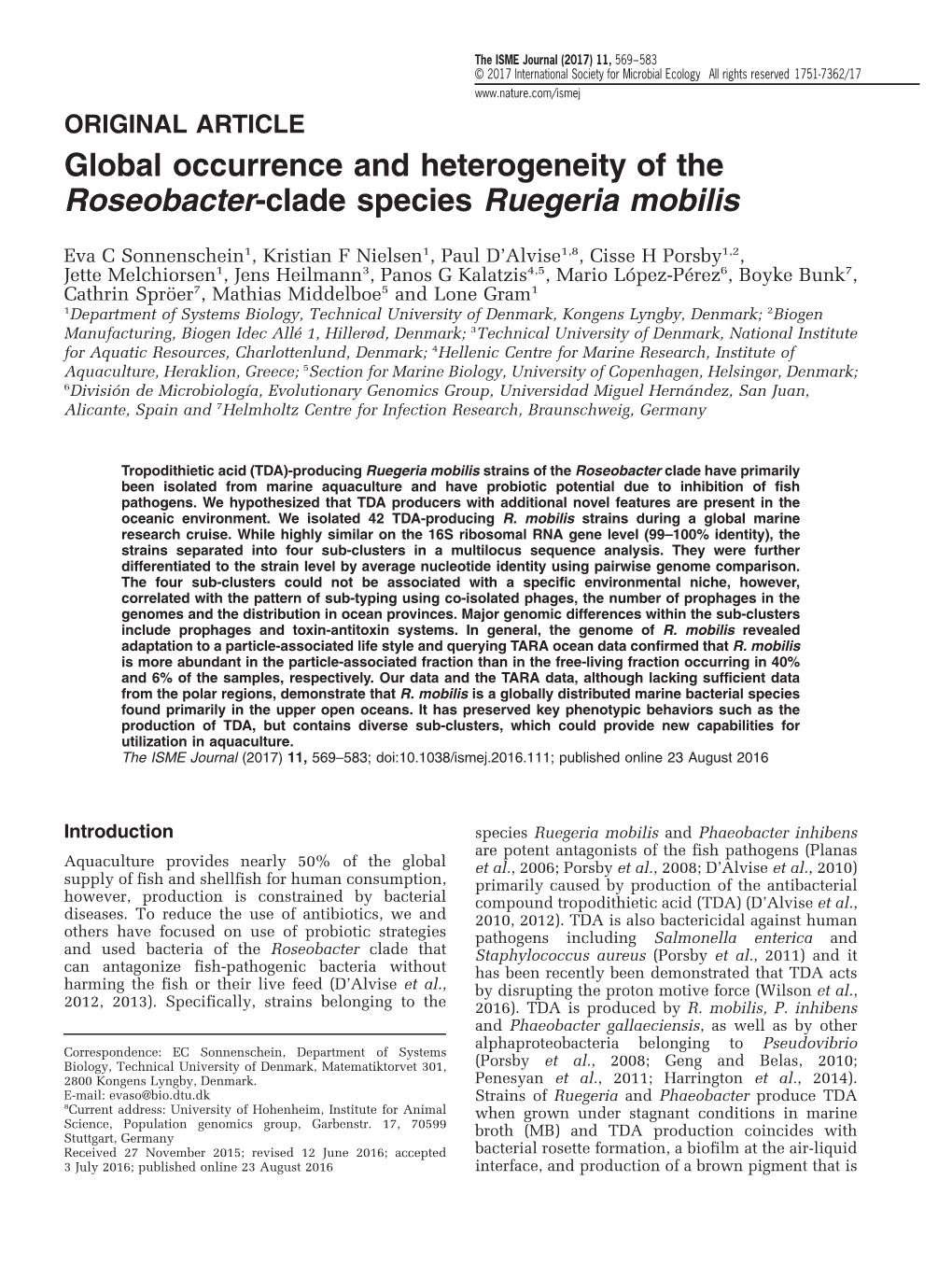 Global Occurrence and Heterogeneity of the Roseobacter-Clade Species Ruegeria Mobilis