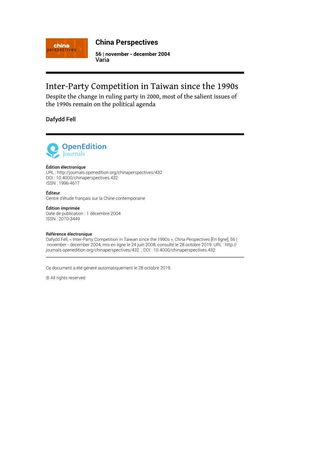 China Perspectives, 56 | November - December 2004 Inter-Party Competition in Taiwan Since the 1990S 2