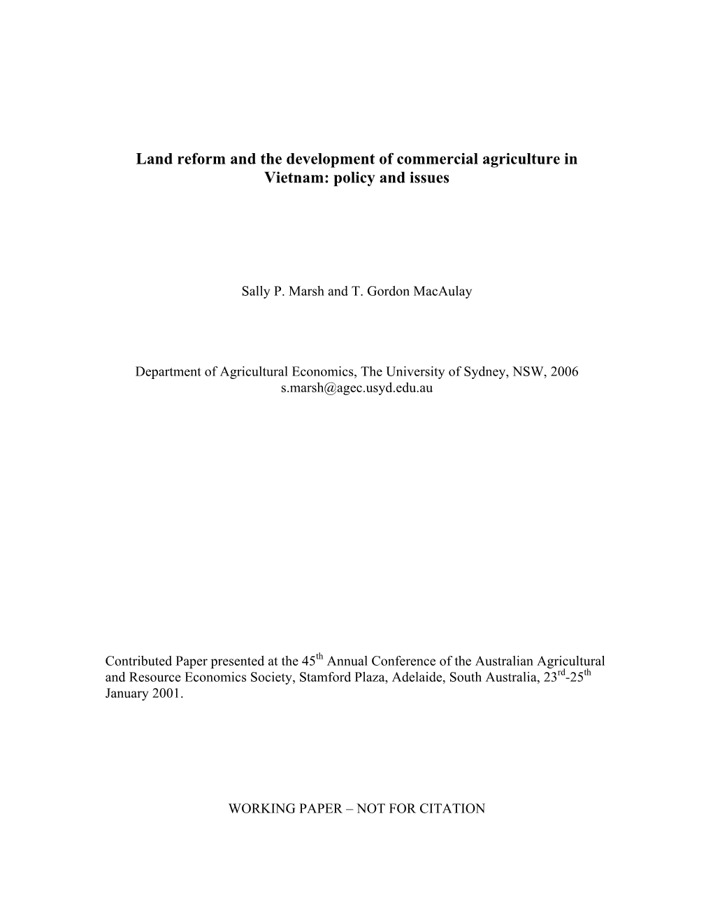 Land Reform and the Development of Commercial Agriculture in Vietnam: Policy and Issues