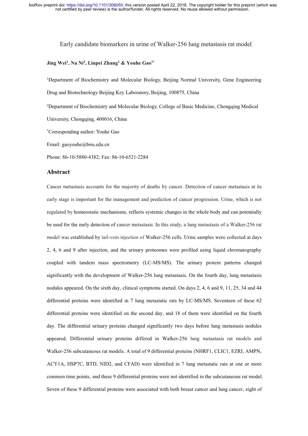 Early Candidate Biomarkers in Urine of Walker-256 Lung Metastasis Rat Model