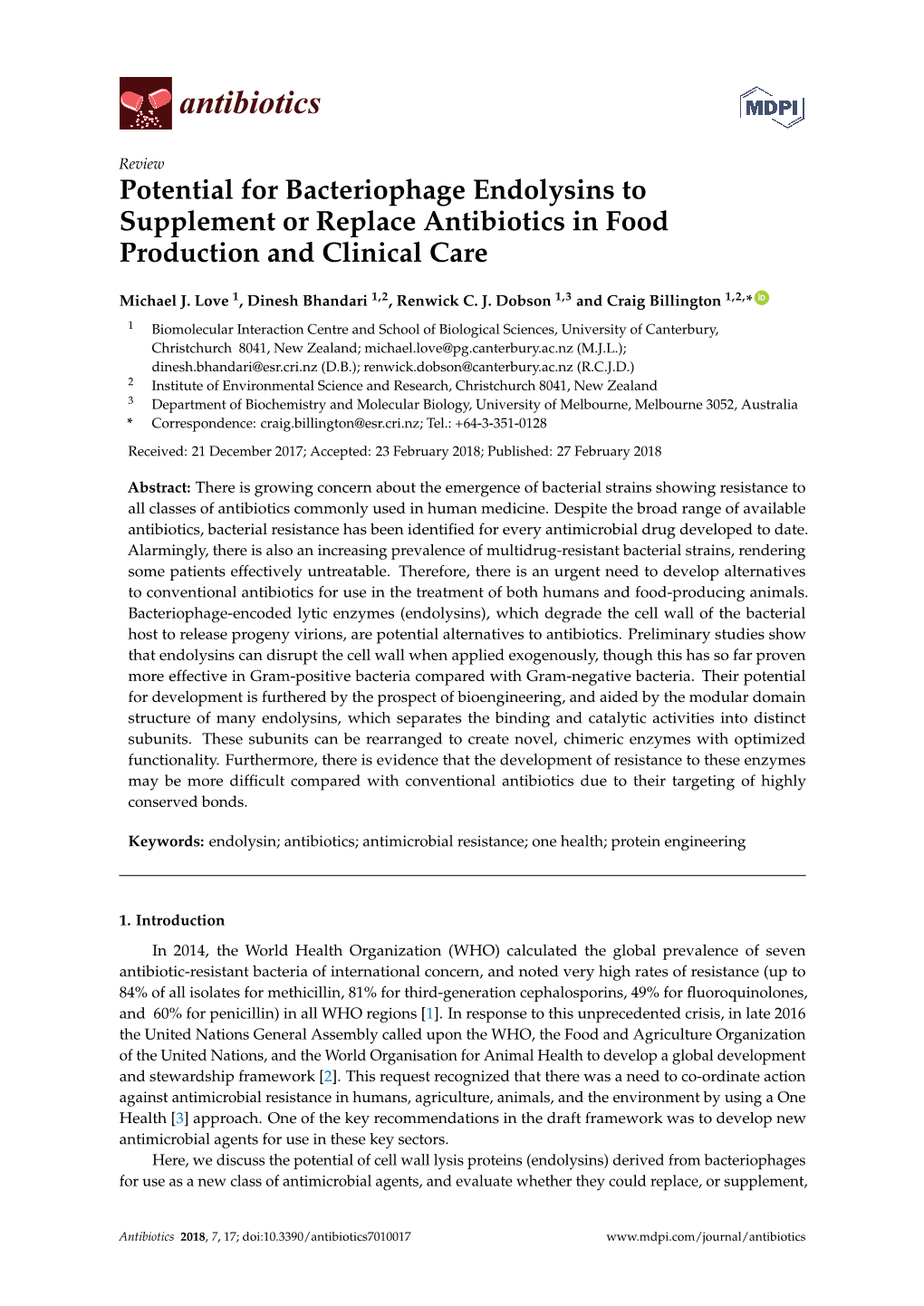 Potential for Bacteriophage Endolysins to Supplement Or Replace Antibiotics in Food Production and Clinical Care