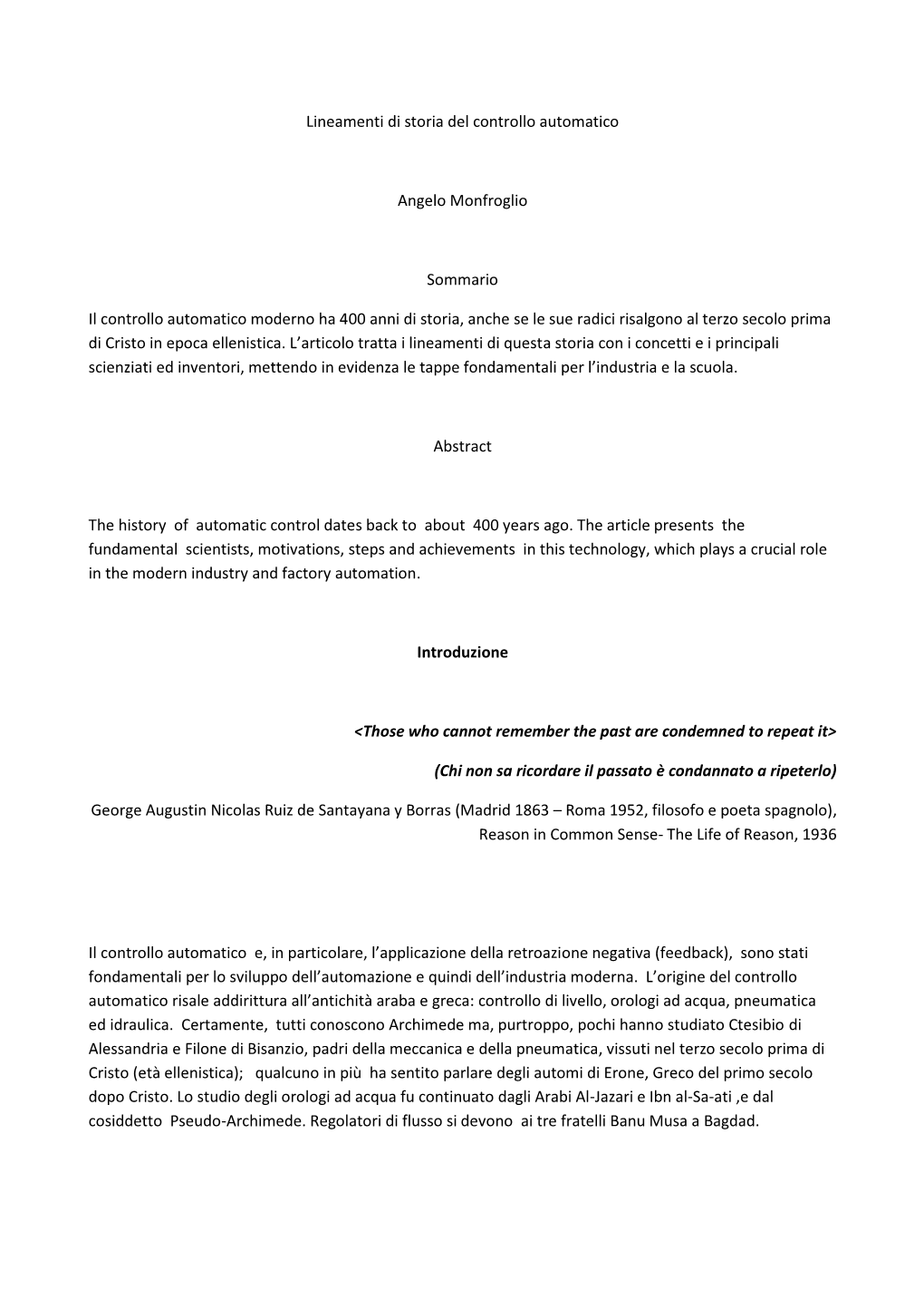 Lineamenti Di Storia Del Controllo Automatico