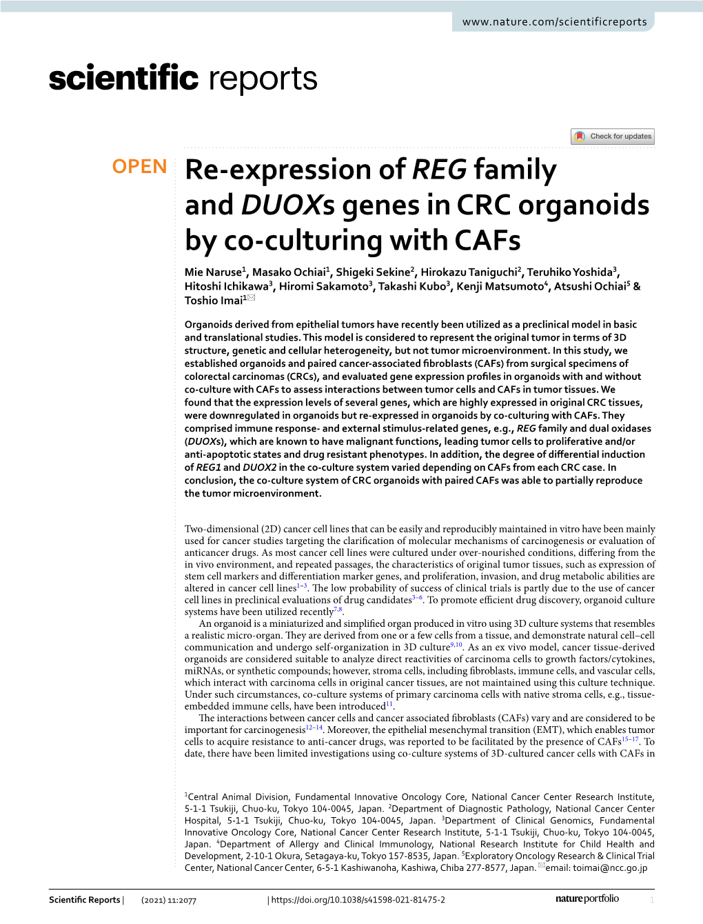 Re-Expression of REG Family and Duoxs Genes in CRC Organoids By
