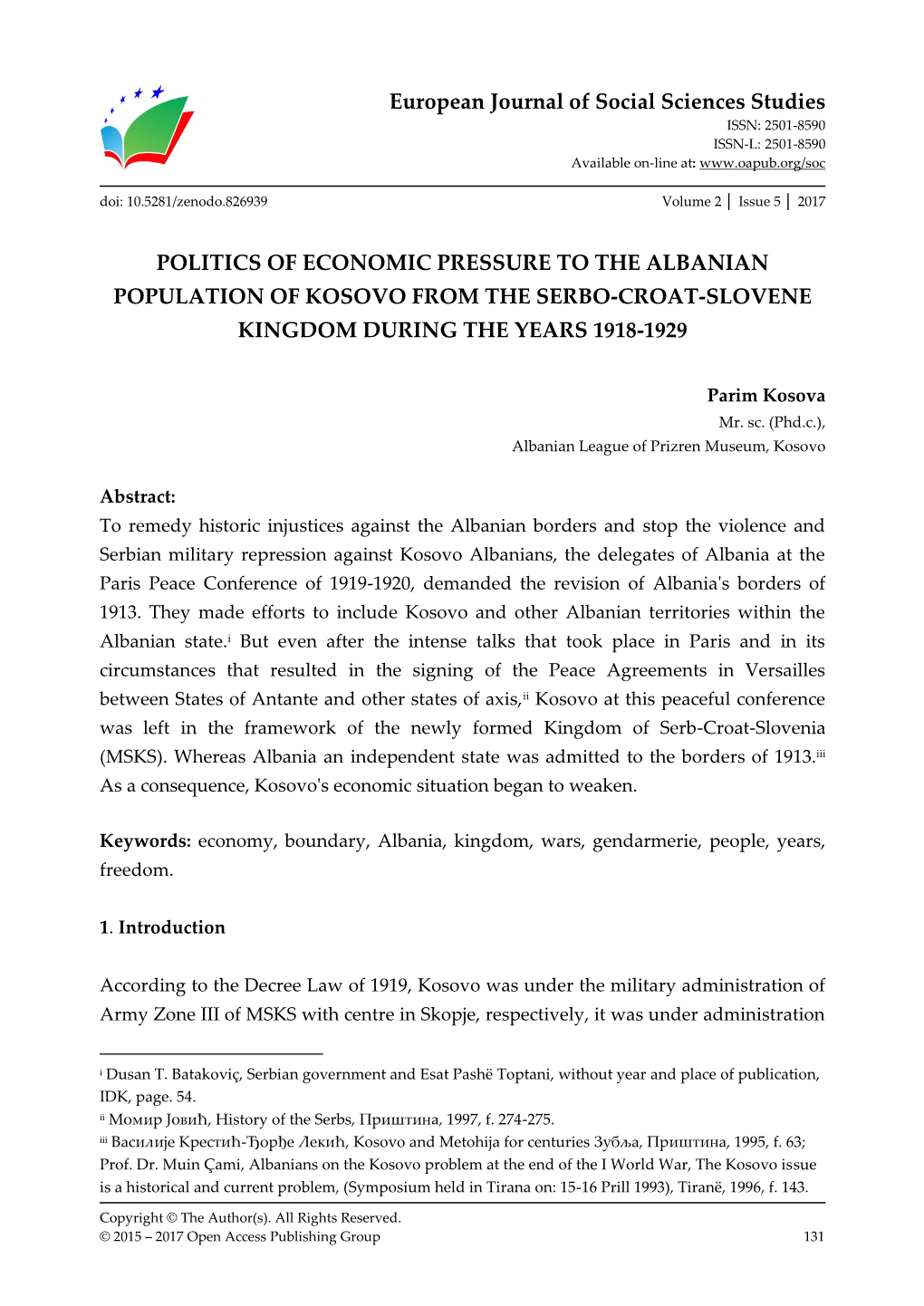 European Journal of Social Sciences Studies POLITICS of ECONOMIC