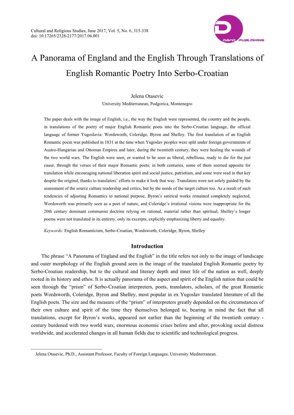 A Panorama of England and the English Through Translations of English Romantic Poetry Into Serbo-Croatian