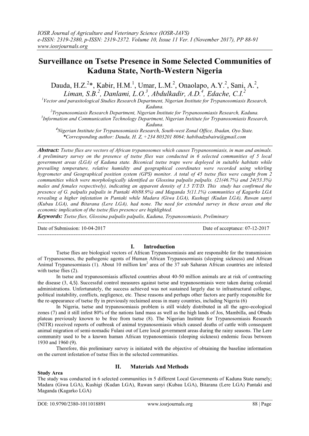 Surveillance on Tsetse Presence in Some Selected Communities of Kaduna State, North-Western Nigeria
