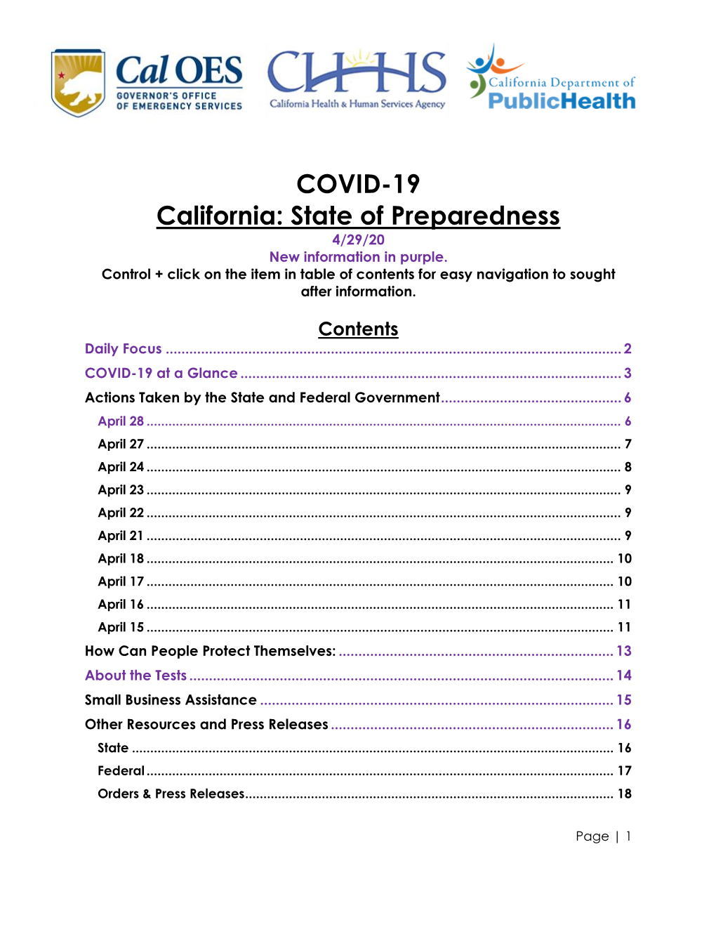 COVID-19 California: State of Preparedness 4/29/20 New Information in Purple