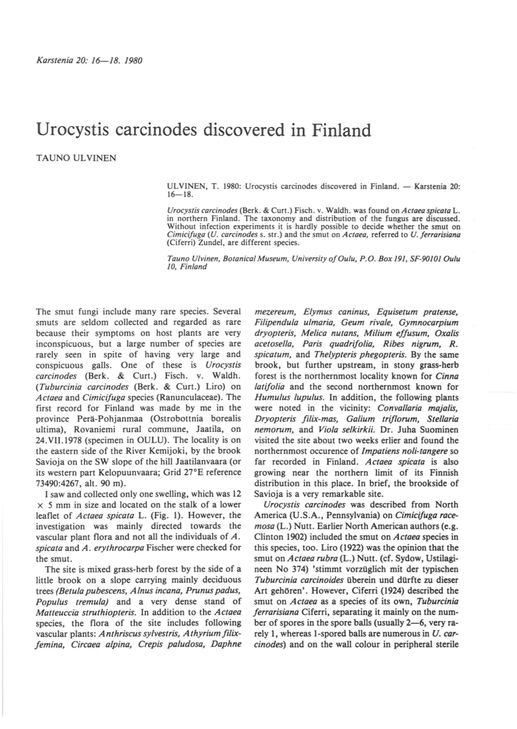 U Rocystis Carcinodes Discovered in Finland