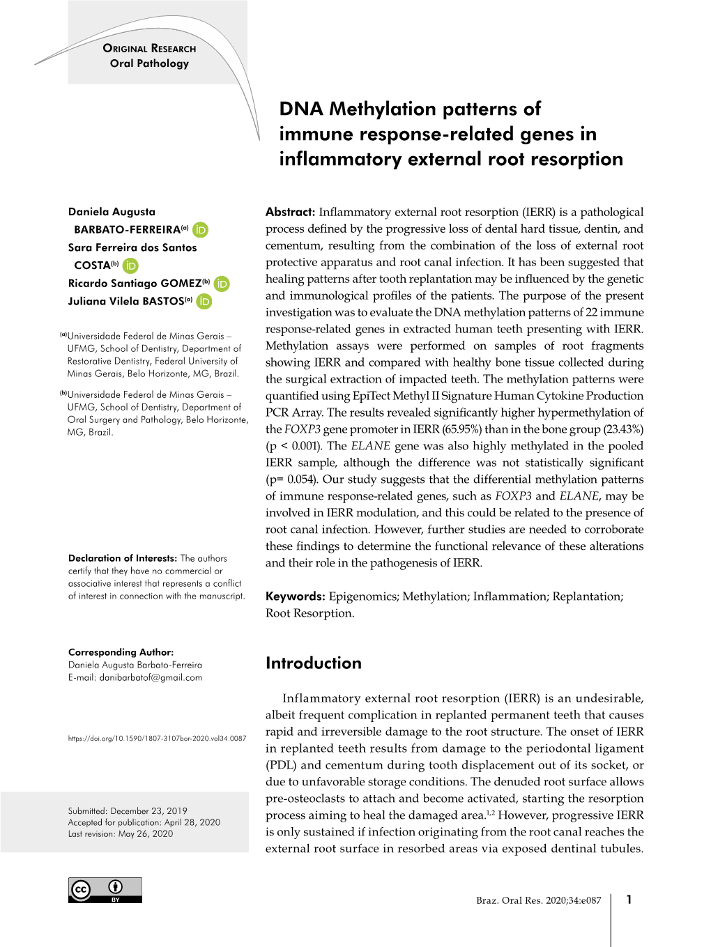 DNA Methylation Patterns of Immune Response-Related Genes in Inflammatory External Root Resorption