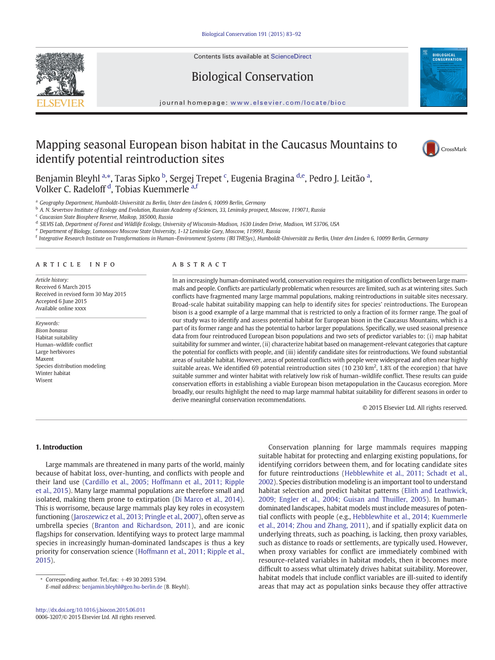 Mapping Seasonal European Bison Habitat in the Caucasus Mountains to Identify Potential Reintroduction Sites