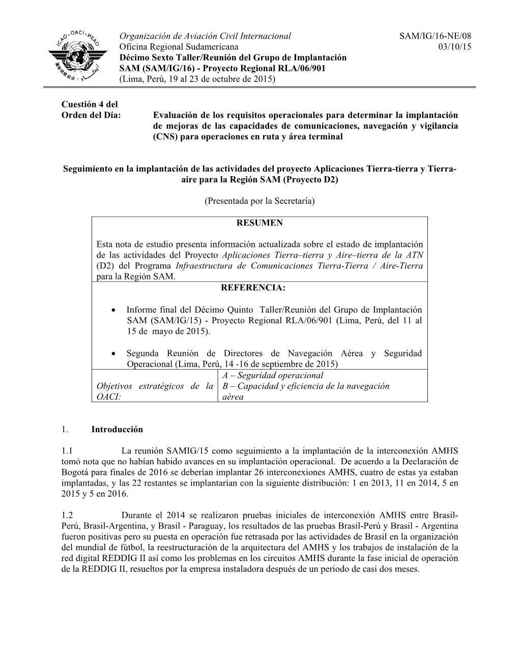 Organización De Aviación Civil Internacional SAM/IG/16-NE/08