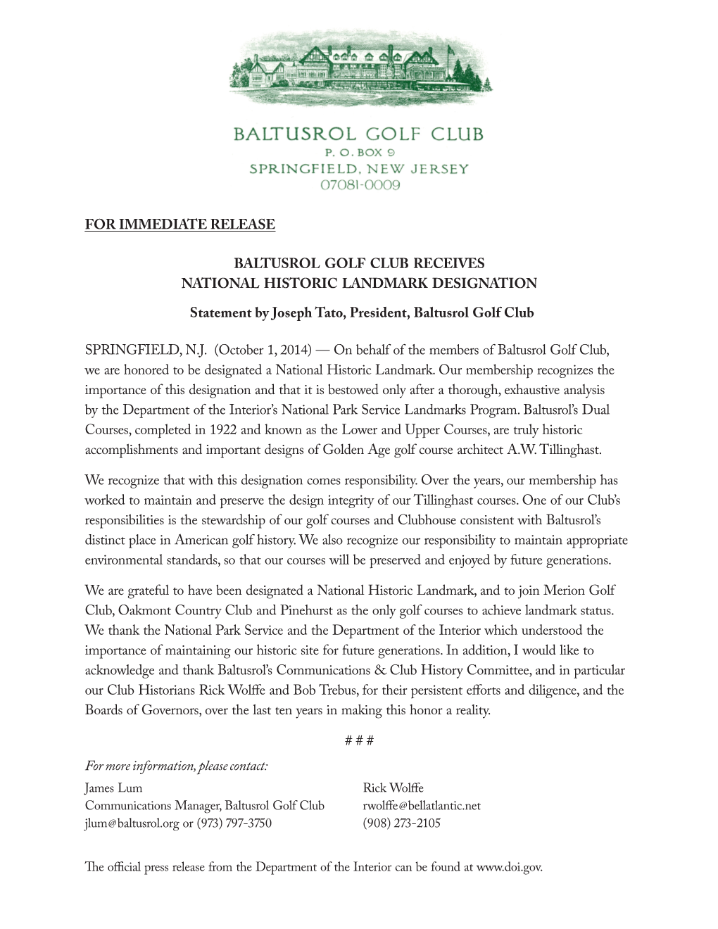 Baltusrol Golf Club Receives National Historic Landmark Designation