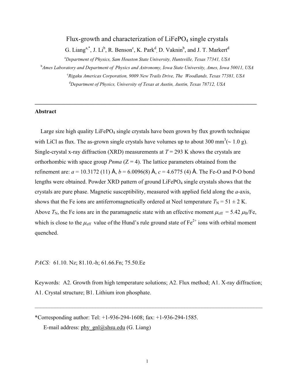 Flux-Growth and Characterization of Lifepo4 Single Crystals A,* B C D B D G