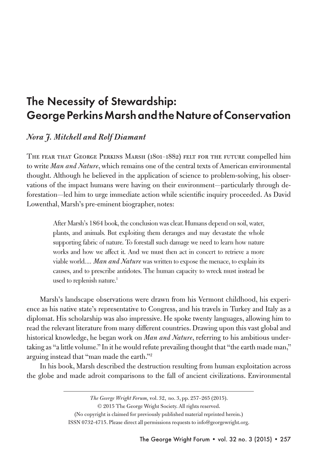 The Necessity of Stewardship: George Perkins Marsh and the Nature of Conservation