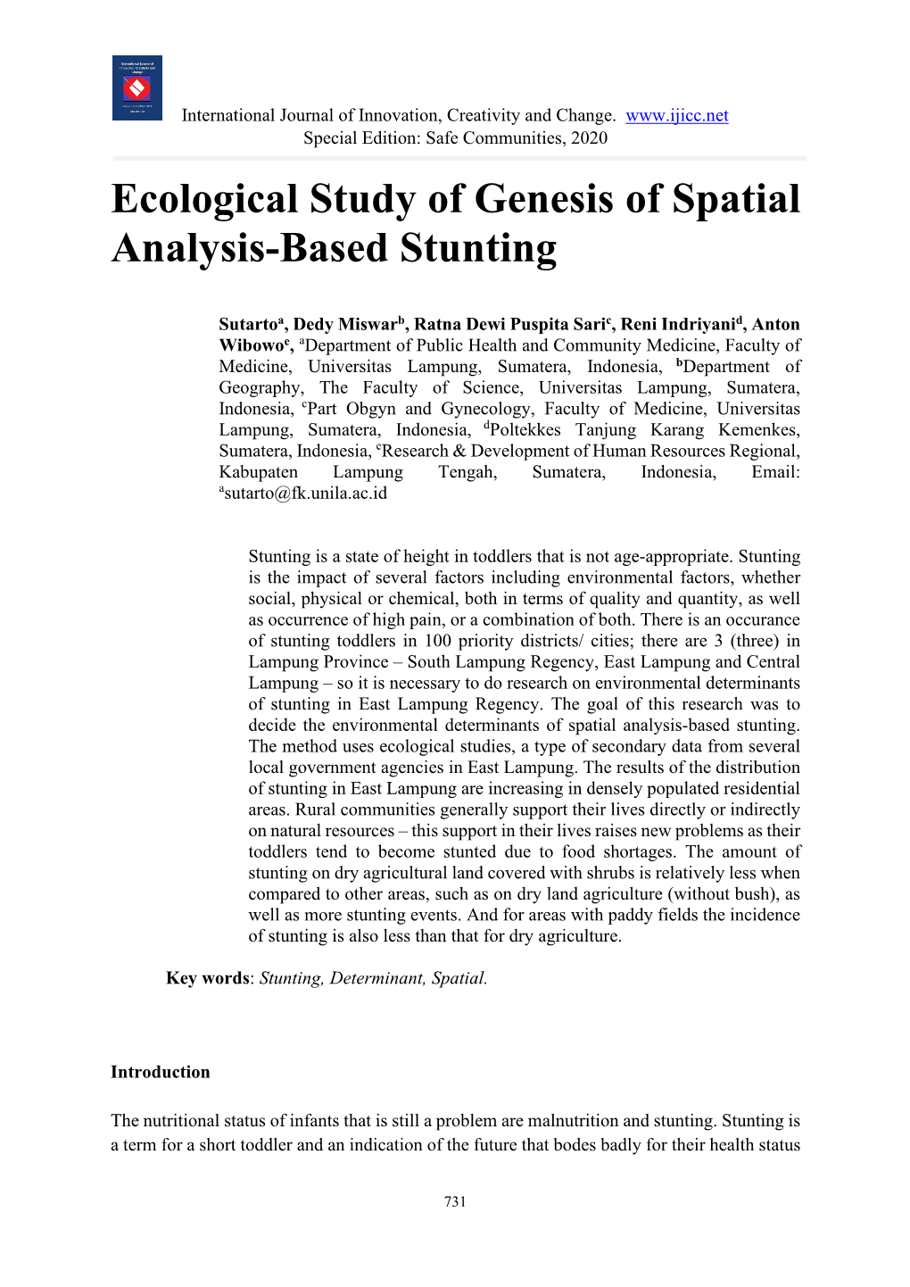 Ecological Study of Genesis of Spatial Analysis-Based Stunting