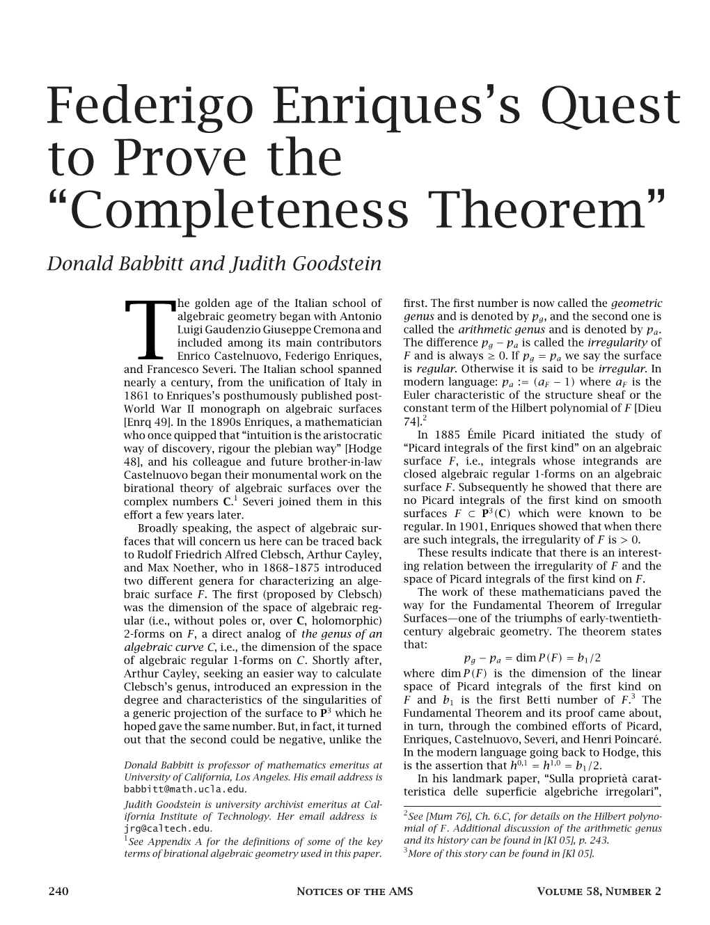 Completeness Theorem” Donald Babbitt and Judith Goodstein