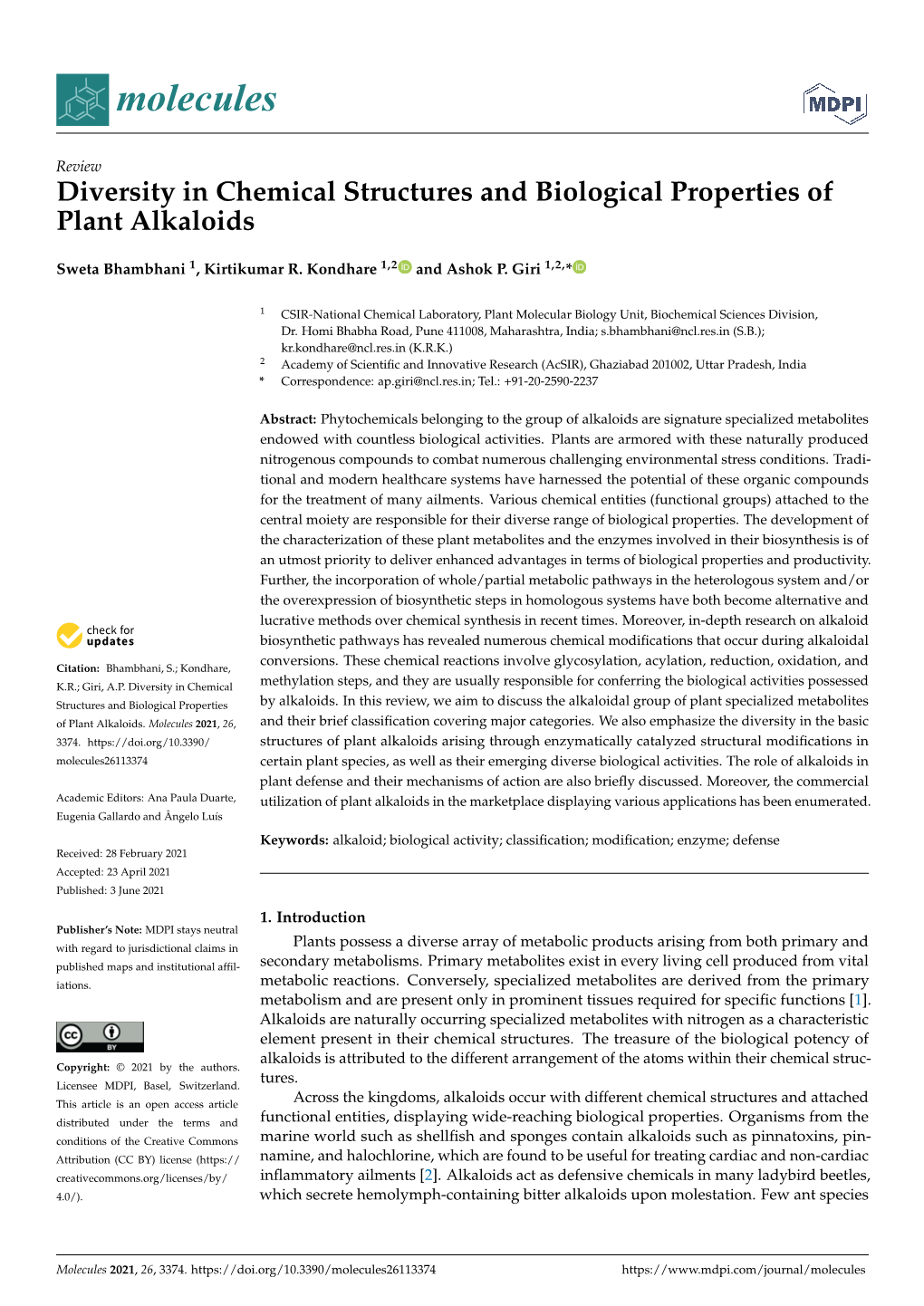 Diversity in Chemical Structures and Biological Properties of Plant Alkaloids