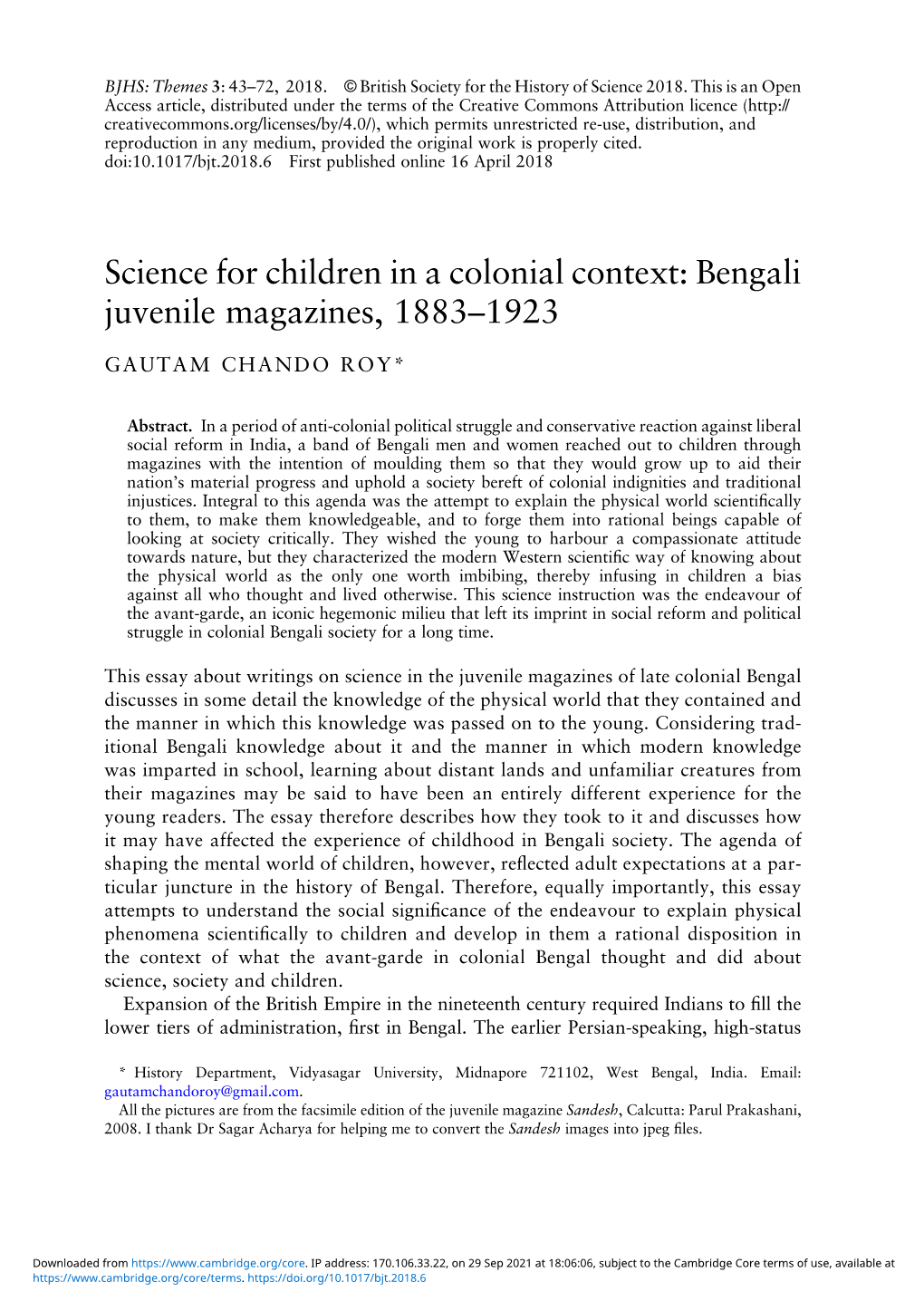 Science for Children in a Colonial Context: Bengali Juvenile Magazines, 1883–1923