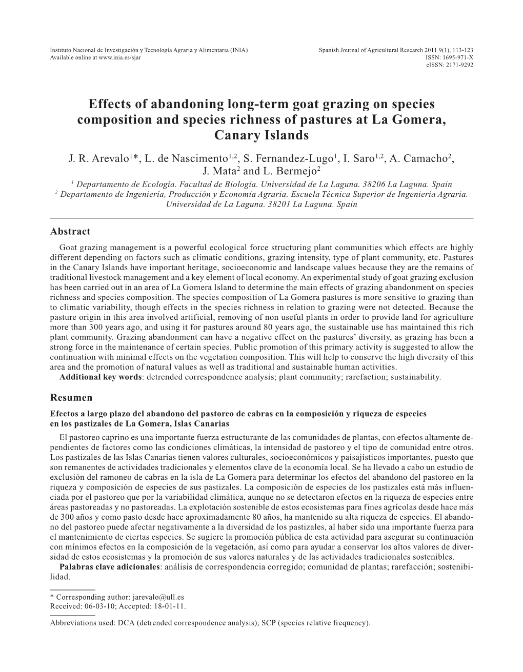 Effects of Abandoning Long-Term Goat Grazing on Species Composition and Species Richness of Pastures at La Gomera, Canary Islands J