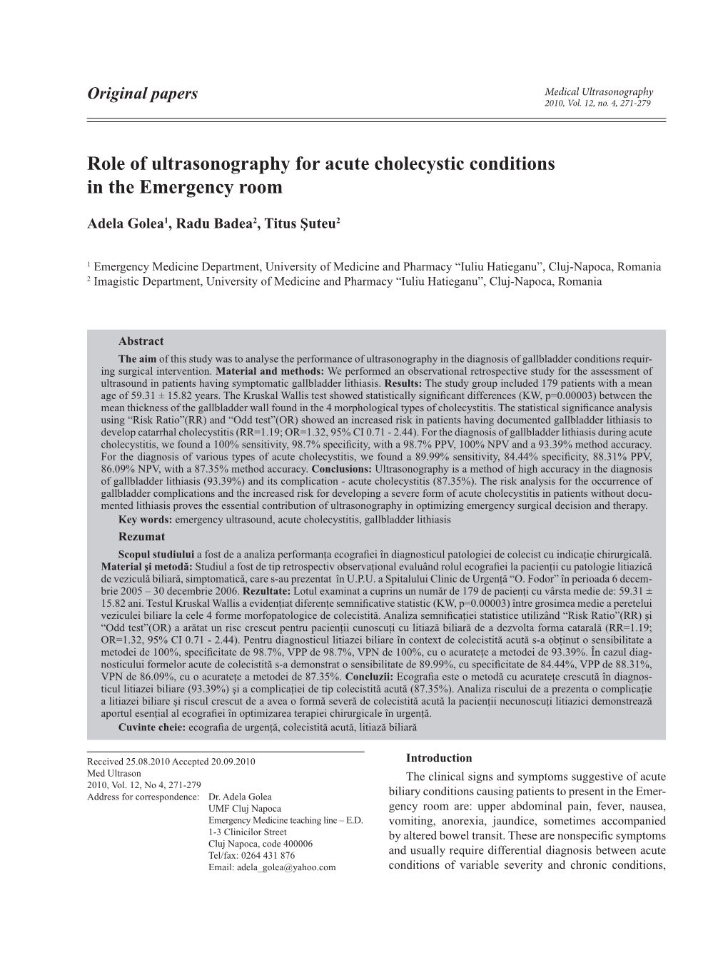 Role of Ultrasonography for Acute Cholecystic Conditions in the Emergency Room