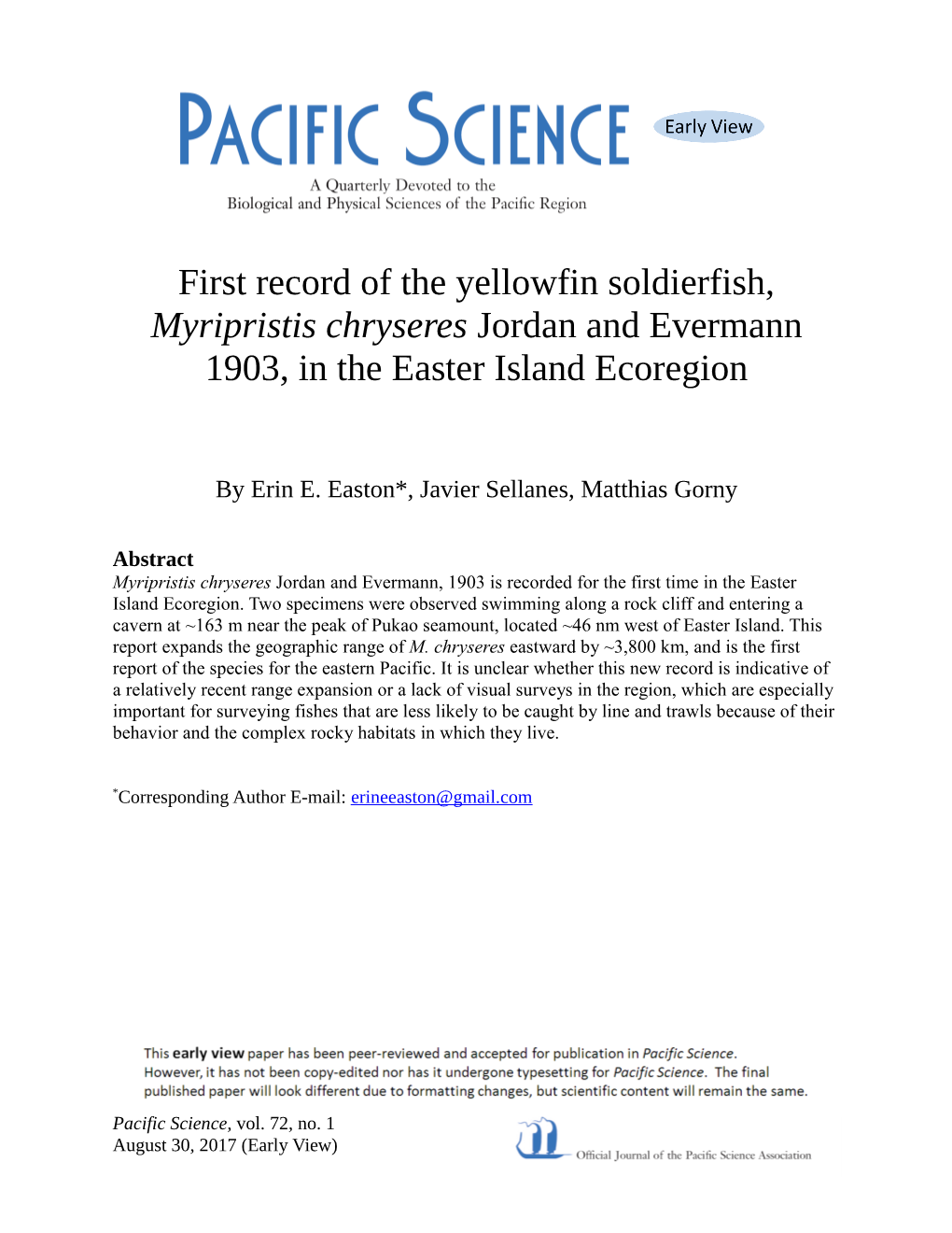 Myripristis Chryseres Jordan and Evermann 1903, in the Easter Island Ecoregion