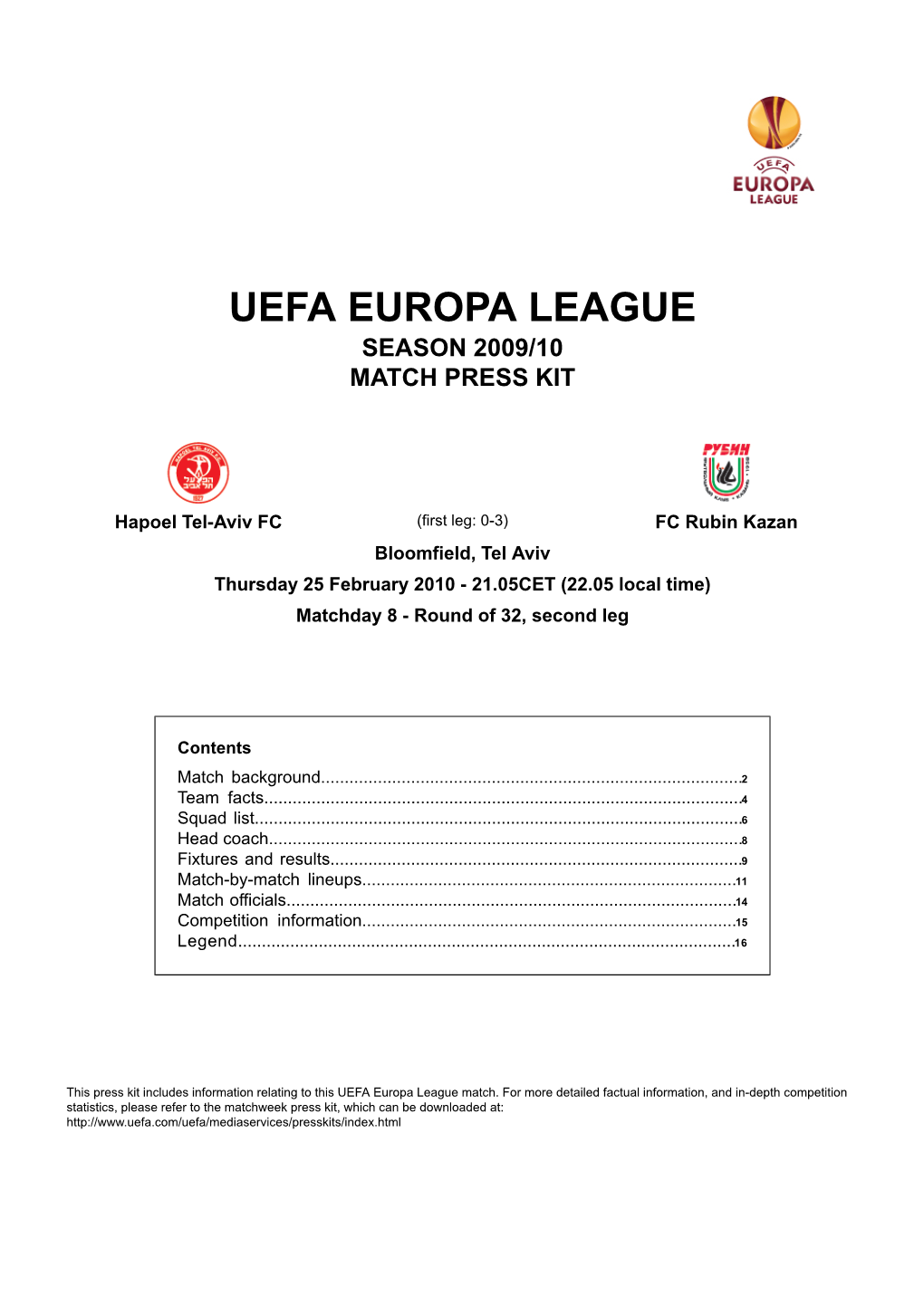 Uefa Europa League Season 2009/10 Match Press Kit