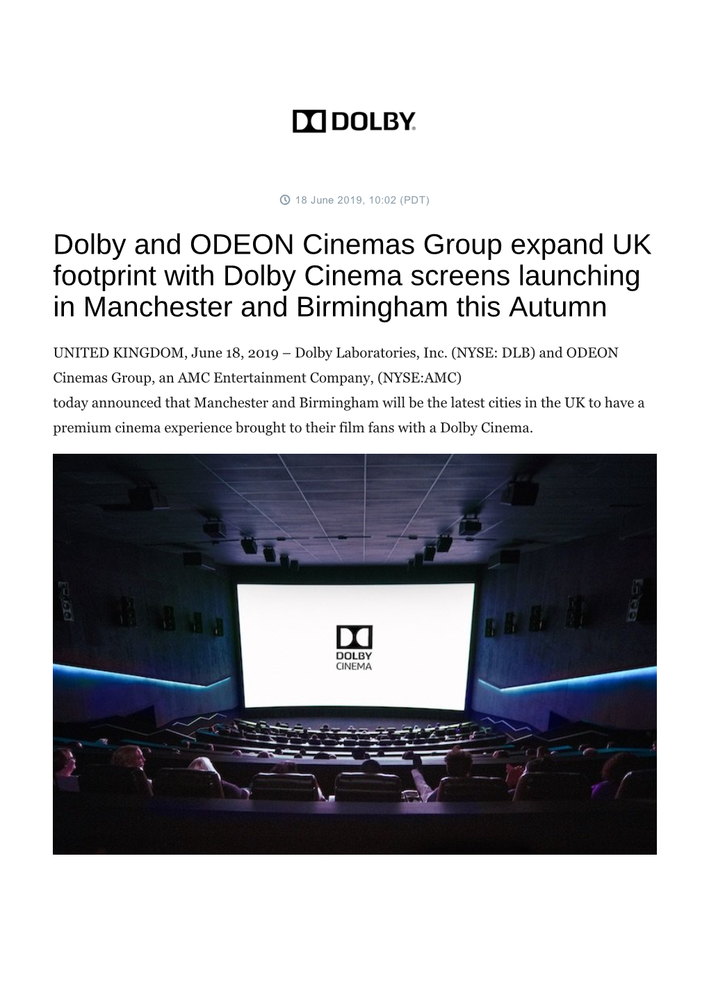 Dolby and ODEON Cinemas Group Expand UK Footprint with Dolby Cinema Screens Launching in Manchester and Birmingham This Autumn