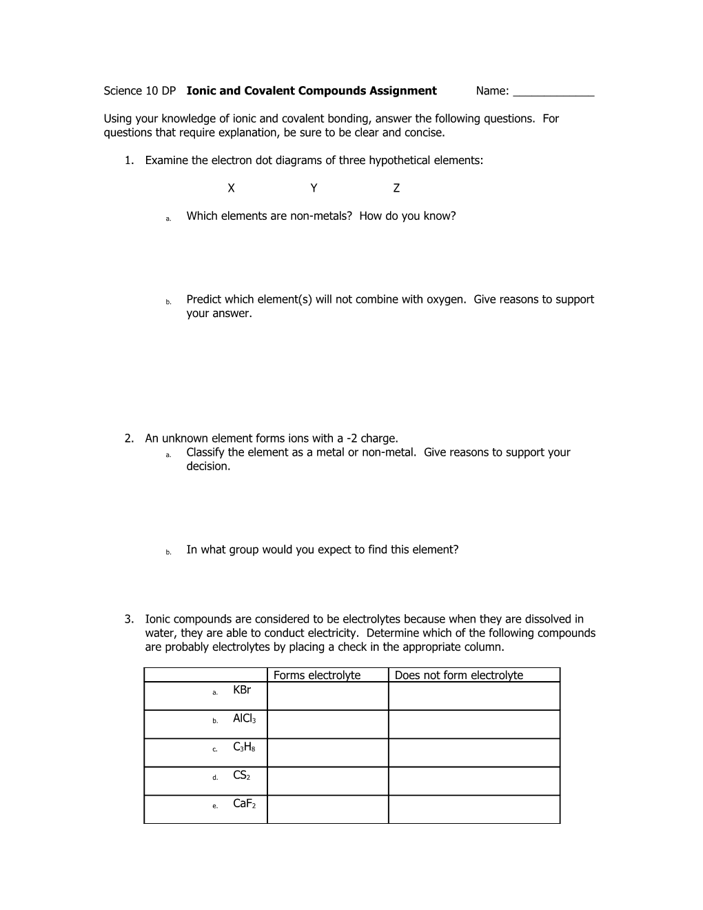 Science 10 DP Ionic and Covalent Compounds Assignment Name: ______