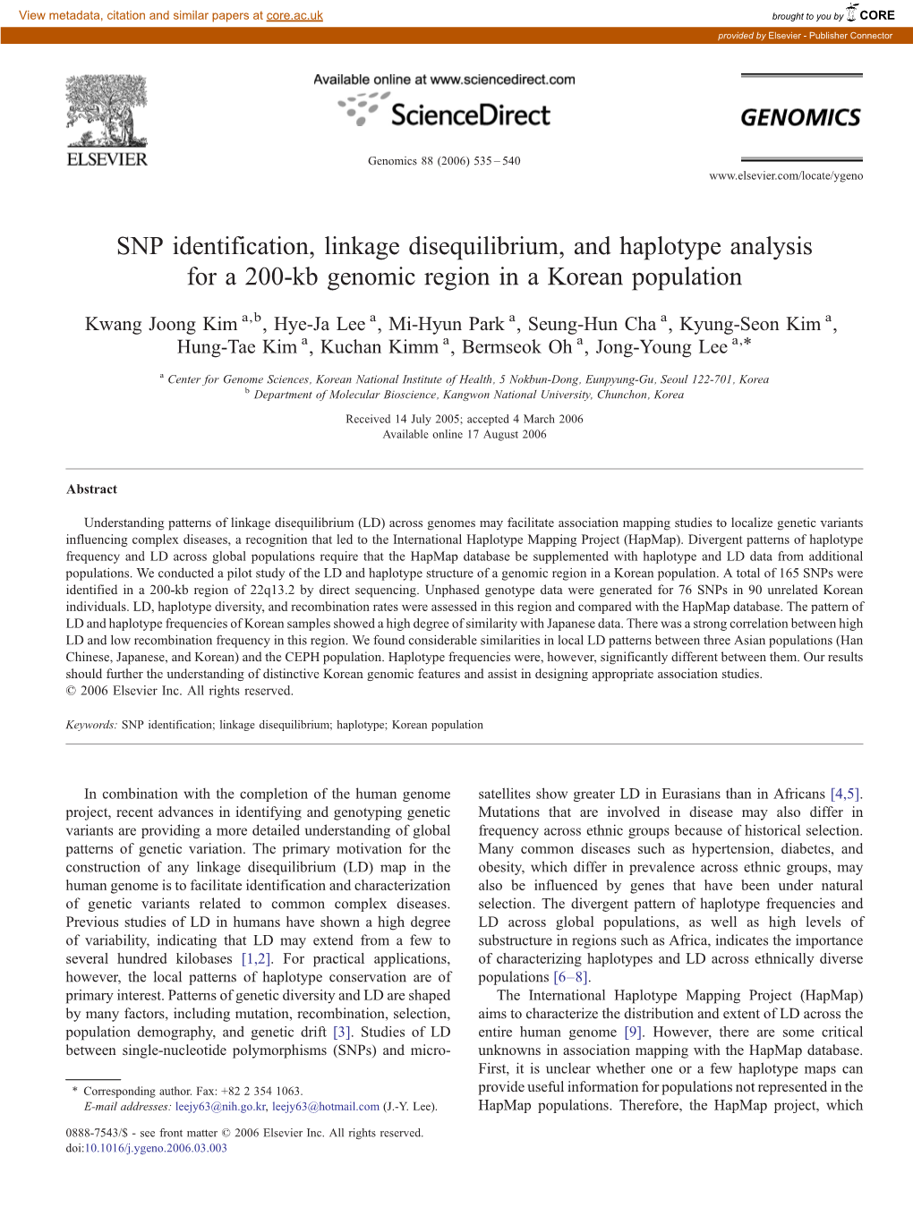 SNP Identification, Linkage Disequilibrium, and Haplotype Analysis for a 200-Kb Genomic Region in a Korean Population