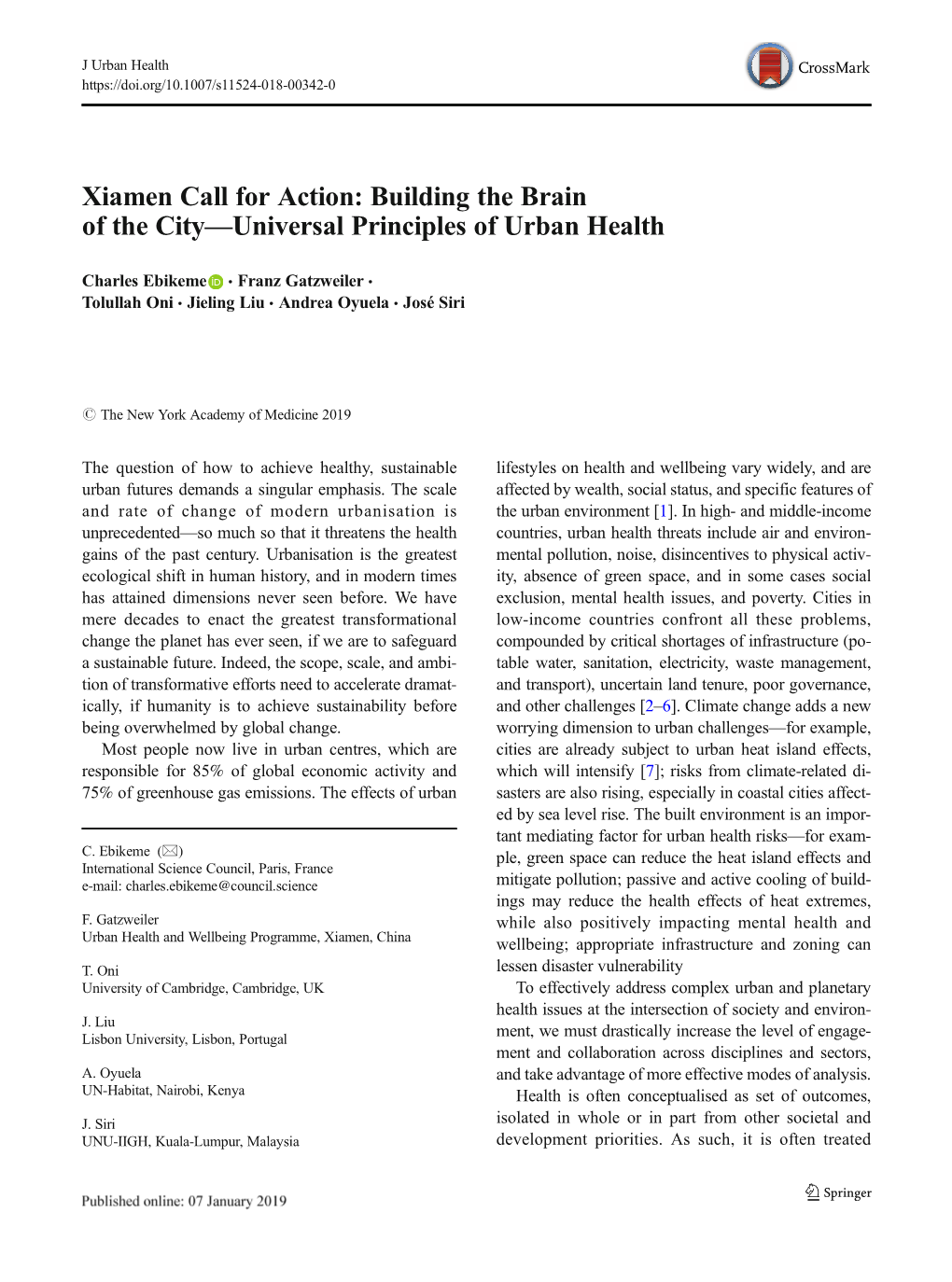 Xiamen Call for Action: Building the Brain of the City—Universal Principles of Urban Health