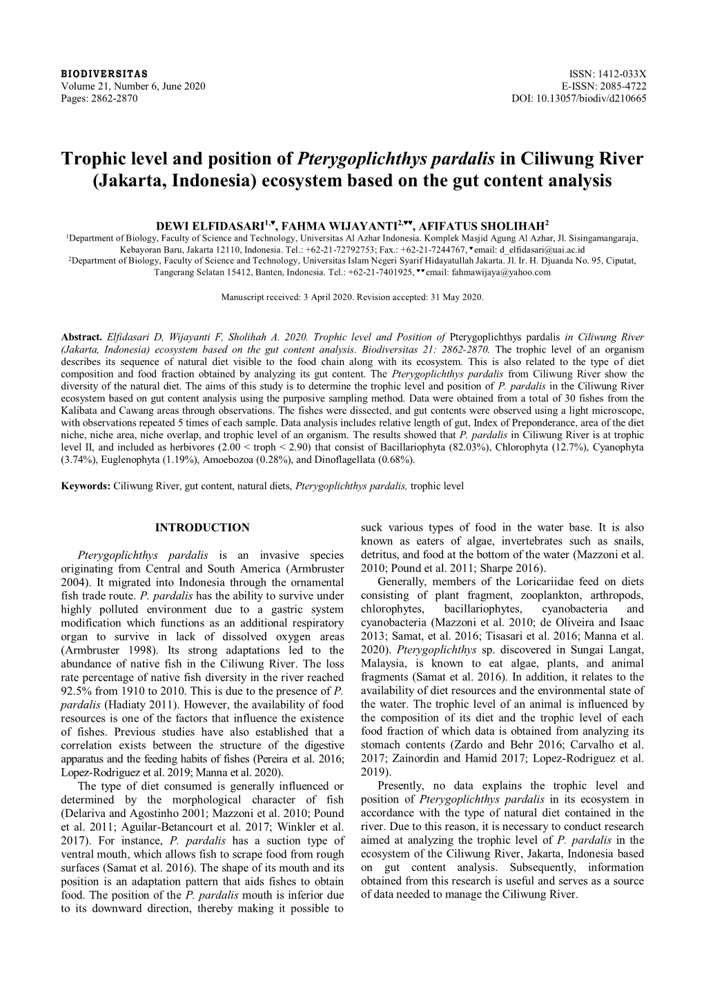 Trophic Level and Position of Pterygoplichthys Pardalis in Ciliwung River (Jakarta, Indonesia) Ecosystem Based on the Gut Content Analysis