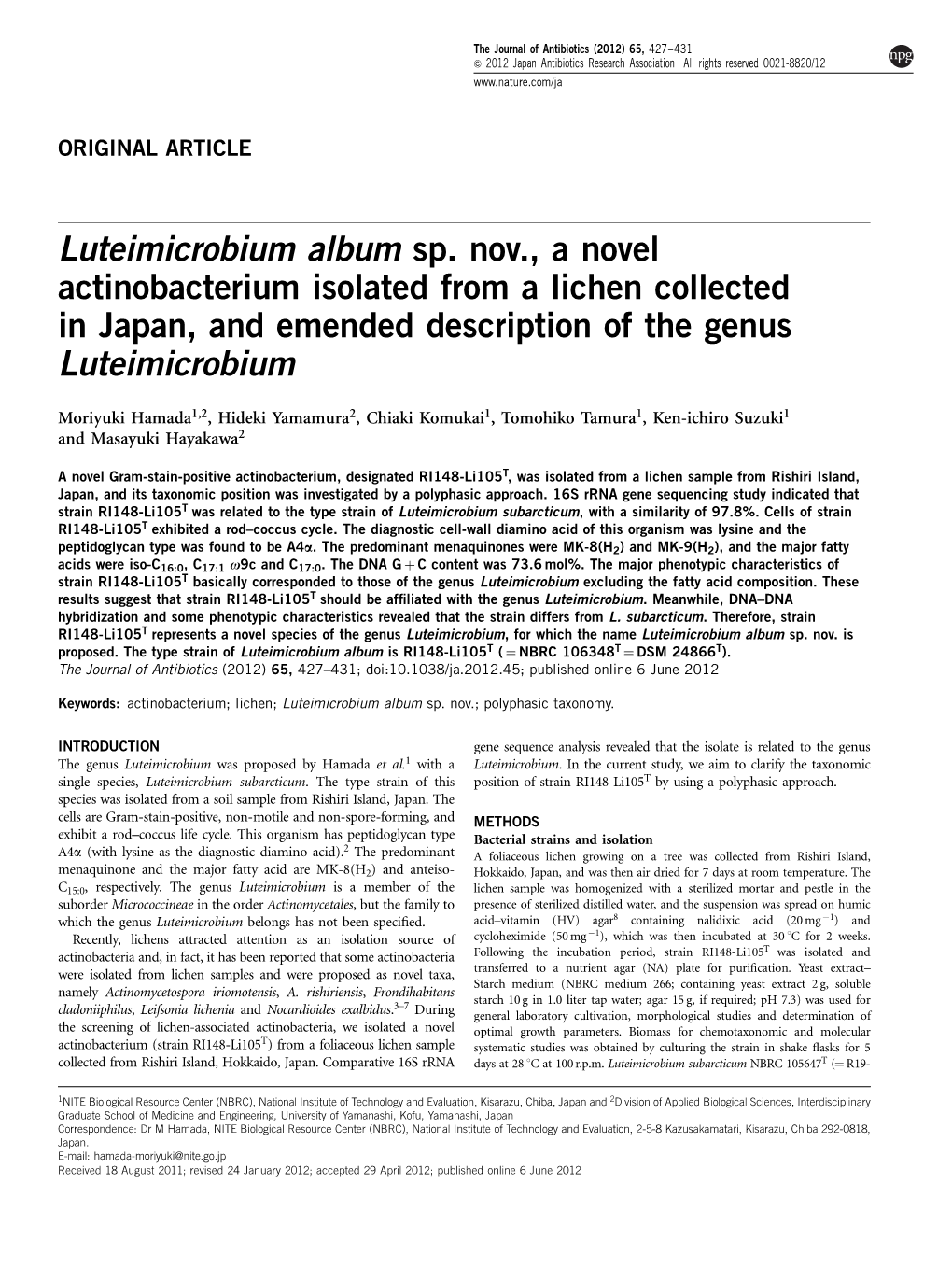 Luteimicrobium Album Sp. Nov., a Novel Actinobacterium Isolated from a Lichen Collected in Japan, and Emended Description of the Genus Luteimicrobium