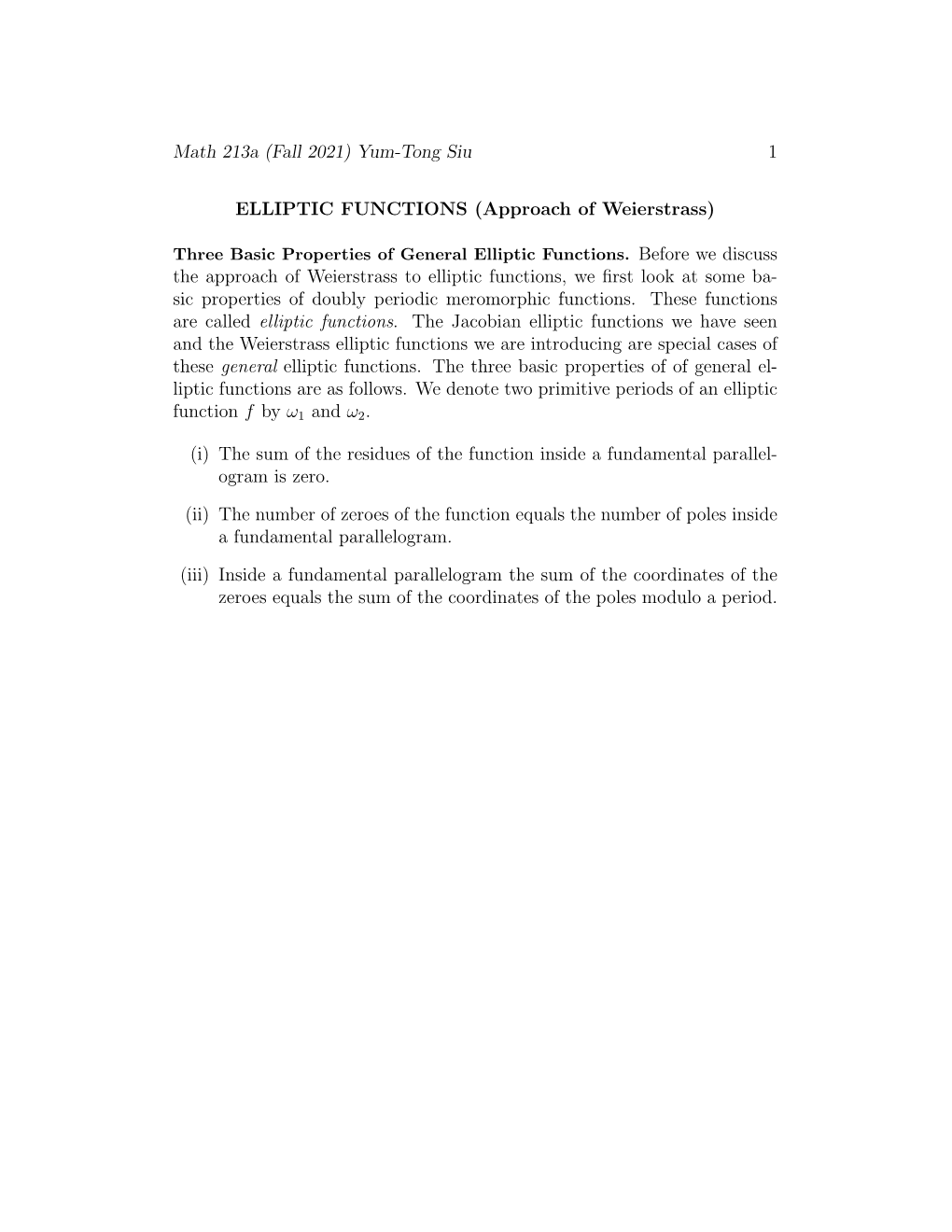 Elliptic Functions — Approach of Weierstrass (Part 1)