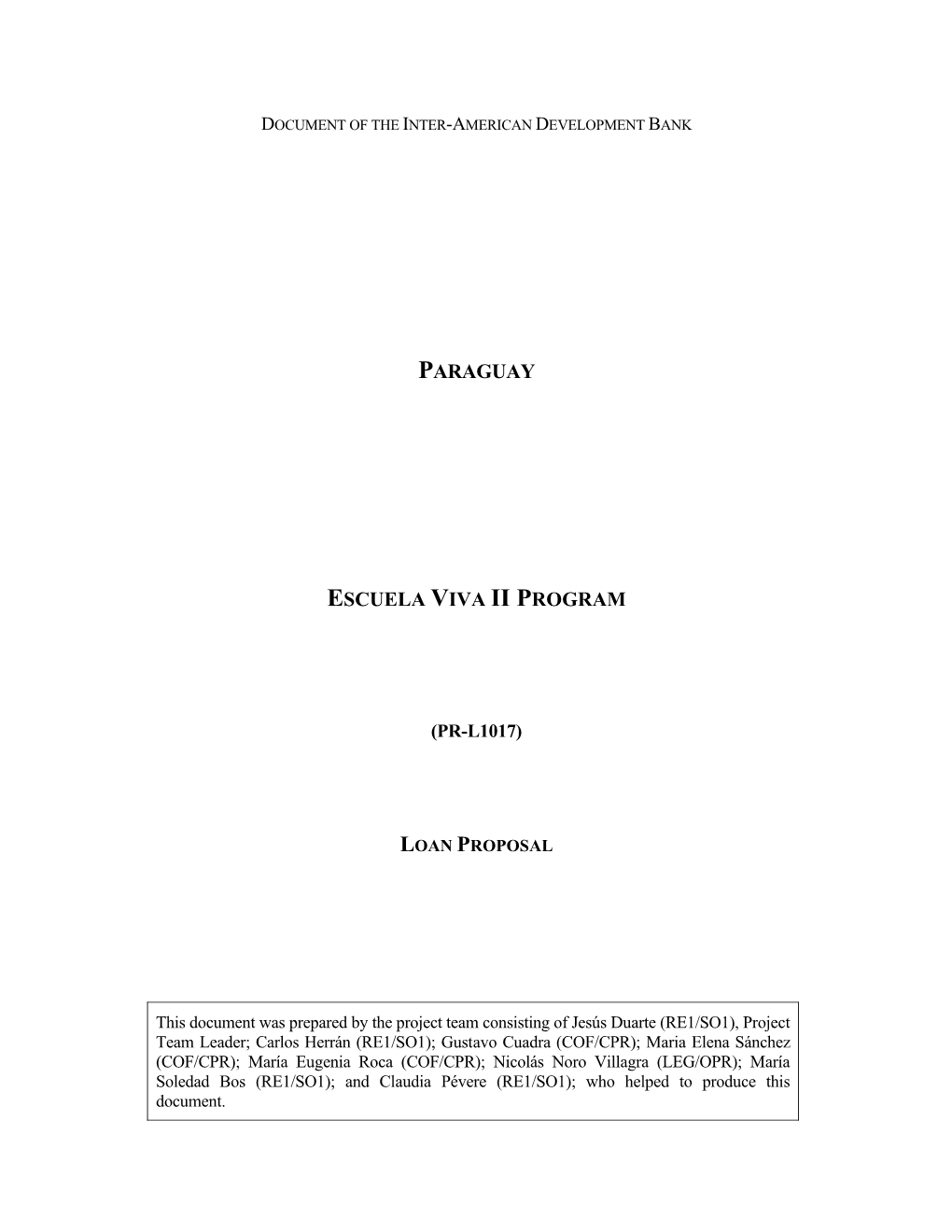 Paraguay Escuela Viva Ii Program (Pr-L1017)