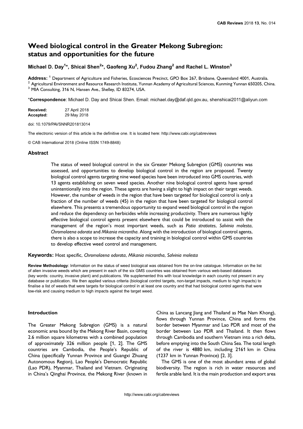 Weed Biological Control in the Greater Mekong Subregion: Status and Opportunities for the Future