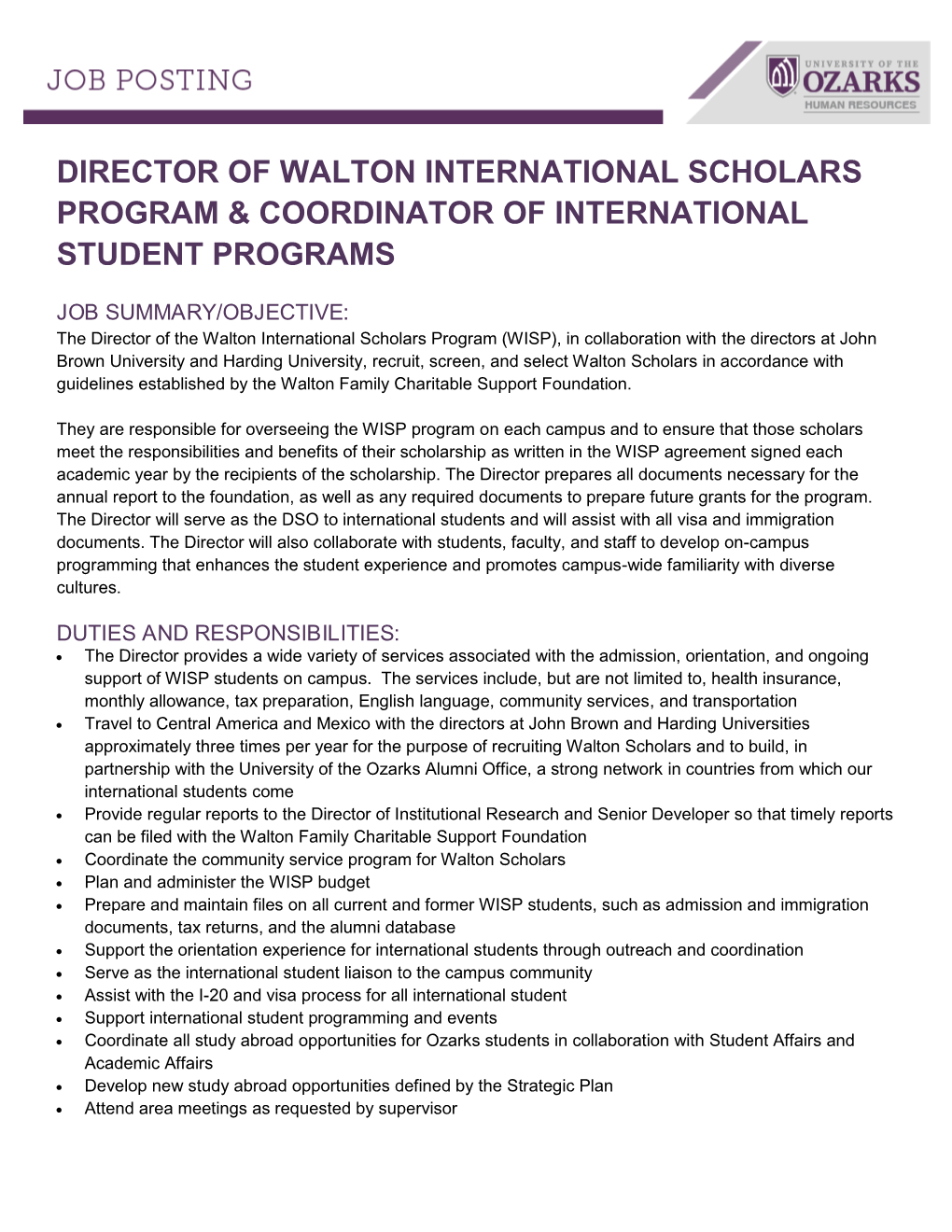 Director of Walton International Scholars Program & Coordinator of International Student Programs