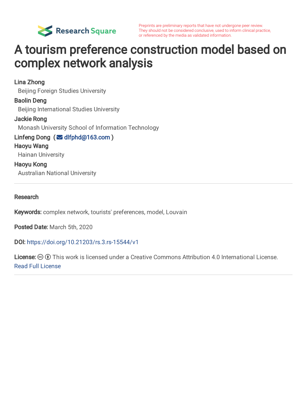 A Tourism Preference Construction Model Based on Complex Network Analysis