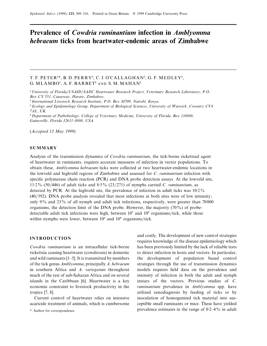 Prevalence of Cowdria Ruminantium Infection in Amblyomma Hebraeum Ticks from Heartwater-Endemic Areas of Zimbabwe