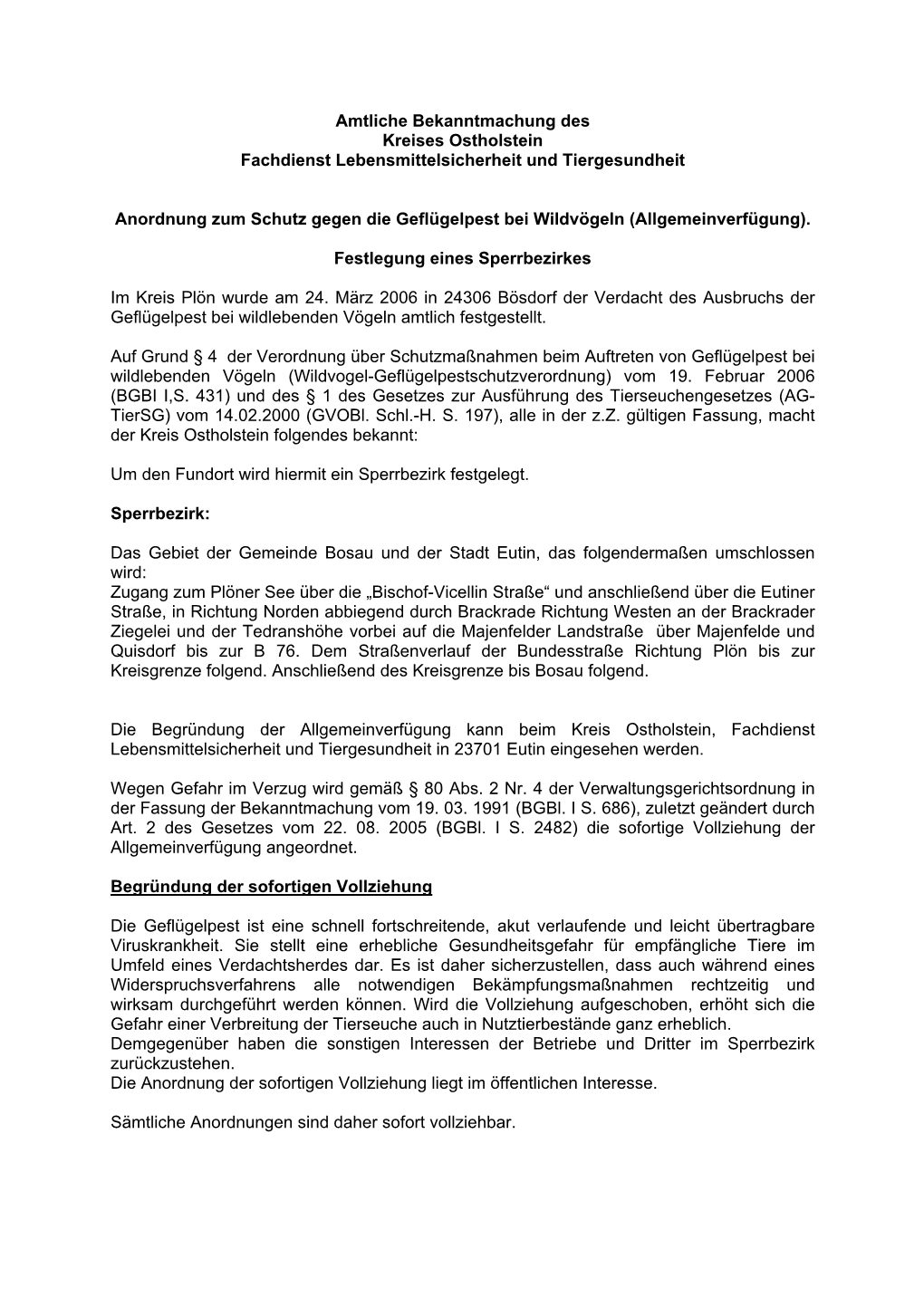 Amtliche Bekanntmachung Des Kreises Ostholstein Fachdienst Lebensmittelsicherheit Und Tiergesundheit