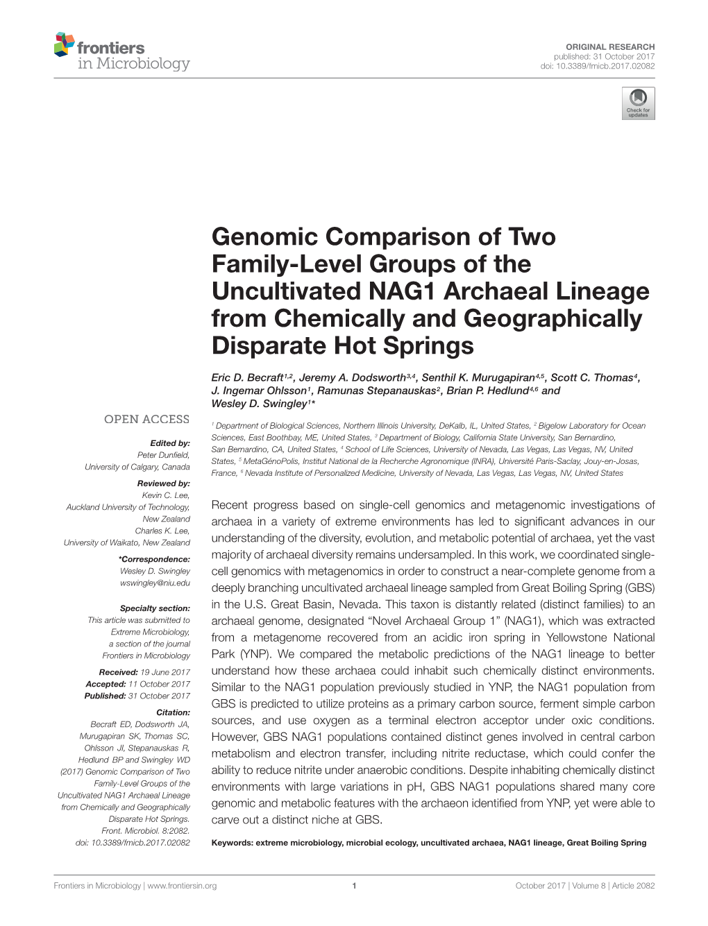 Genomic Comparison of Two Family-Level Groups of the Uncultivated NAG1 Archaeal Lineage from Chemically and Geographically Disparate Hot Springs