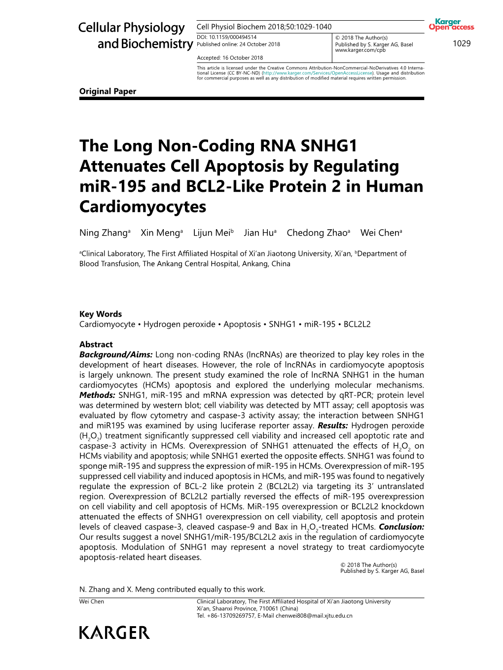 The Long Non-Coding RNA SNHG1 Attenuates Cell Apoptosis by Regulating Mir-195 and BCL2-Like Protein 2 in Human Cardiomyocytes