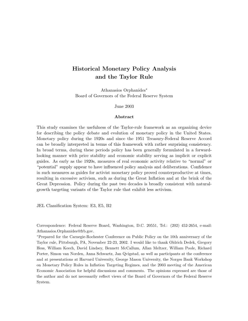 Historical Monetary Policy Analysis and the Taylor Rule