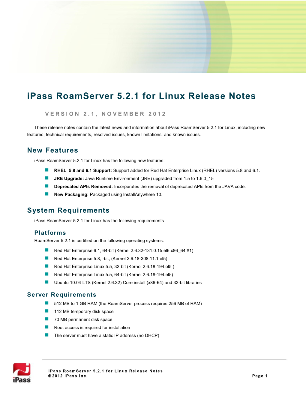 Ipass Roamserver 5.2.1 for Linux Release Notes